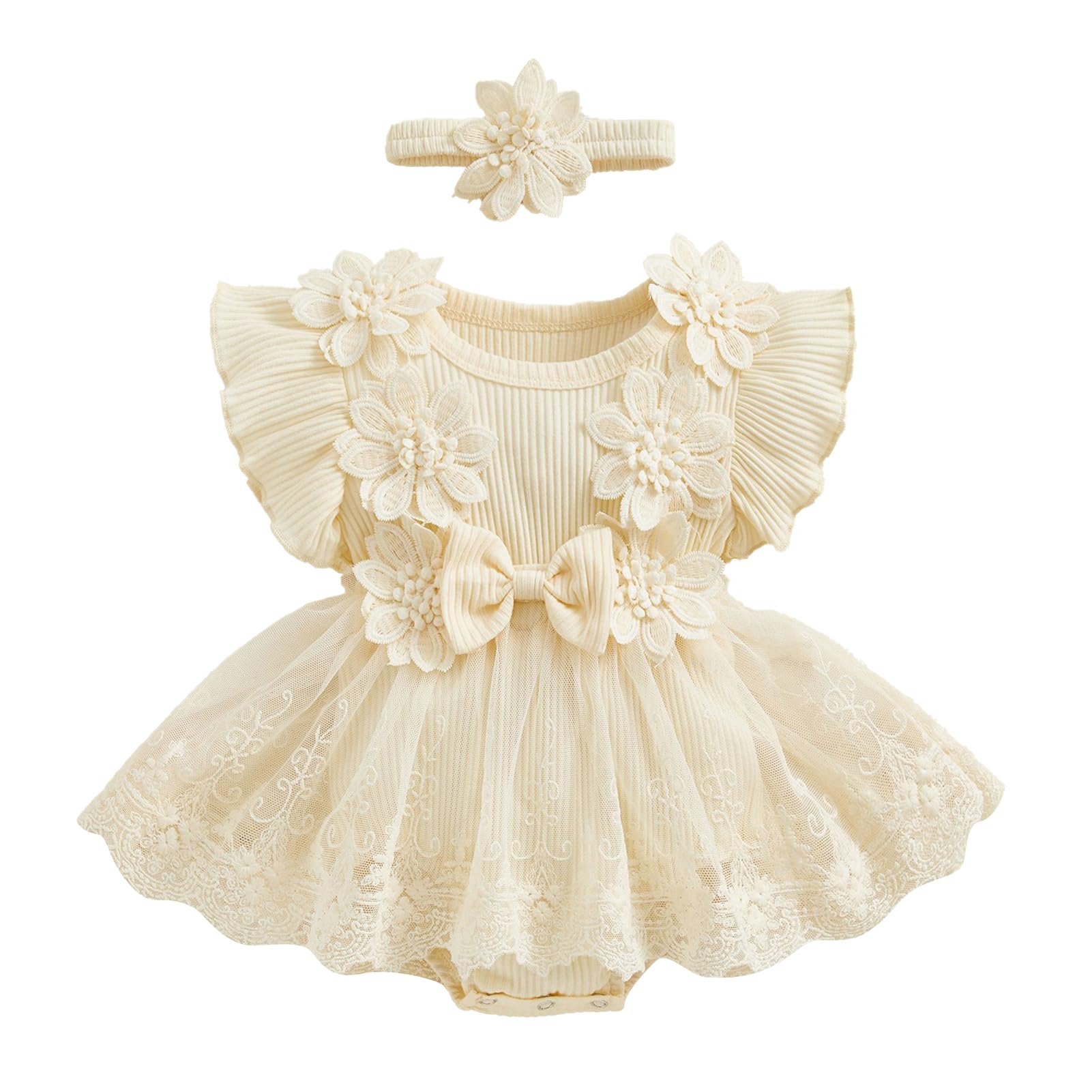 Robe Tutu Bébé Fille Avec Bandeau - Grenouillère Dentelle Volants Manches Longues Pour Anniversaire Ou Fête