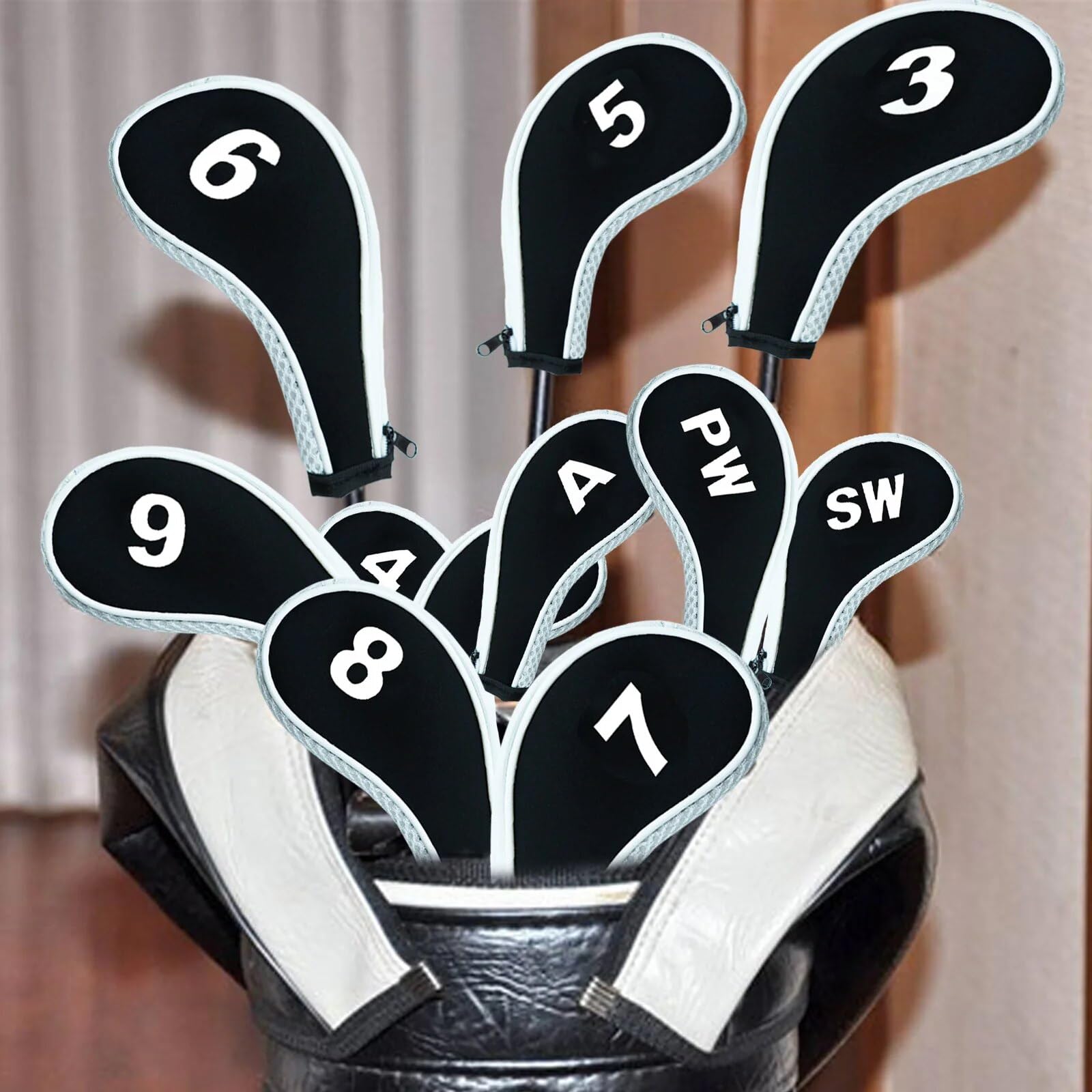 Golf SchläGerkopfhüLlen Golf Iron Head Covers Set 10-teiliges Set Mit Reißverschluss Headcover-Schutz Golfzubehör Universal Iron Clubs GolfschläGer Hauben(White)