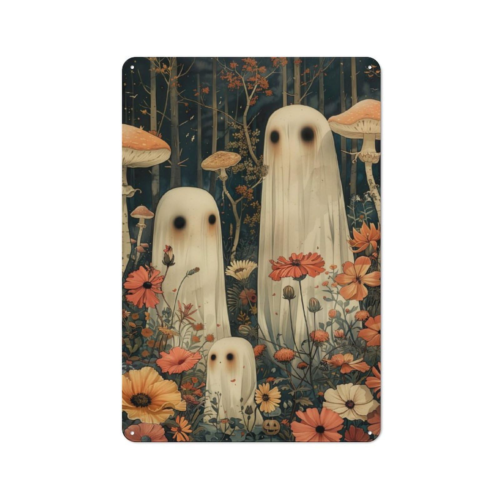 Junmoney Mushroom Ghost Family Decorative Metal Plaque With Design 30X20cm, Modern Retro Studio Wall Art For Workspace, Cafe, Hallway Or Garage