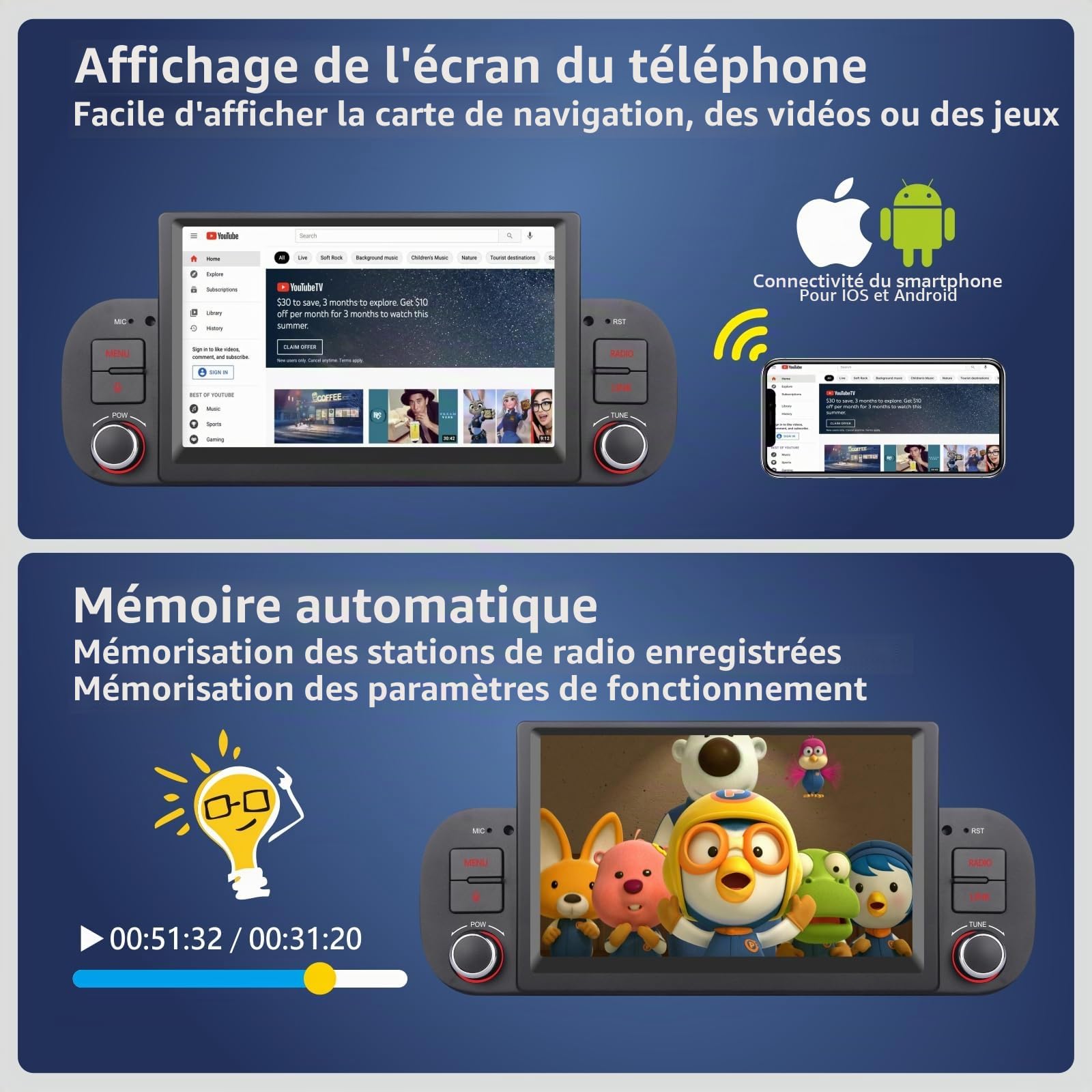 Autoradio Double DIN pour Fiat Panda 2013-2020 Apple Wireless Carplay et Android Auto Commande vocale avec écran Tactile IPS 7 Pouces/Bluetooth/FM/AM/USB/EQ