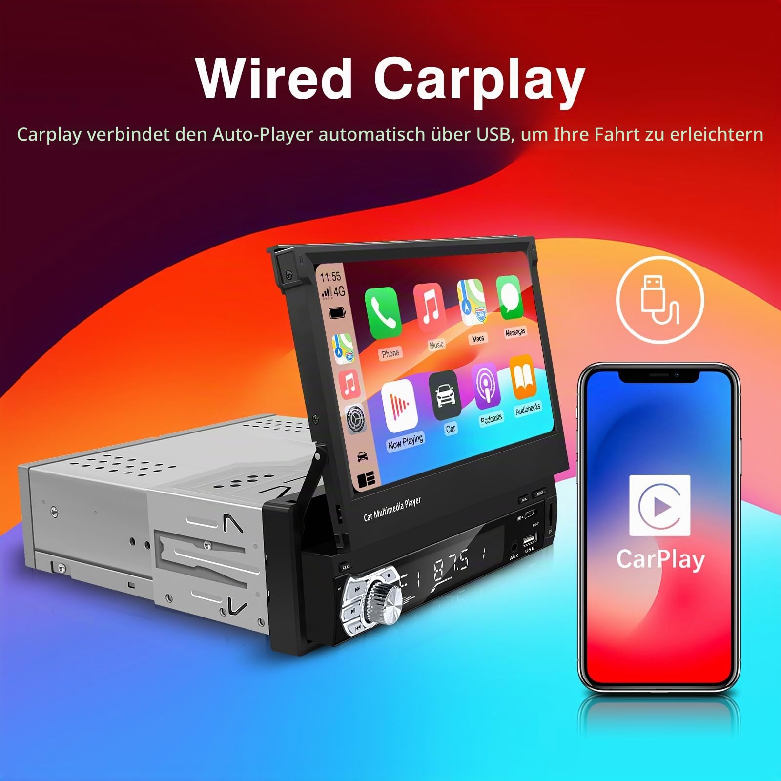 EZoneTronics 7 Zoll Flip Out Autoradio 1din mit Carplay Android Auto Touchscreen Autoradio Bluetooth mit SWC Mirror Link EQ FM/RDS Radio Typ-C USB AUX TF-Karte Rückfahrkamera