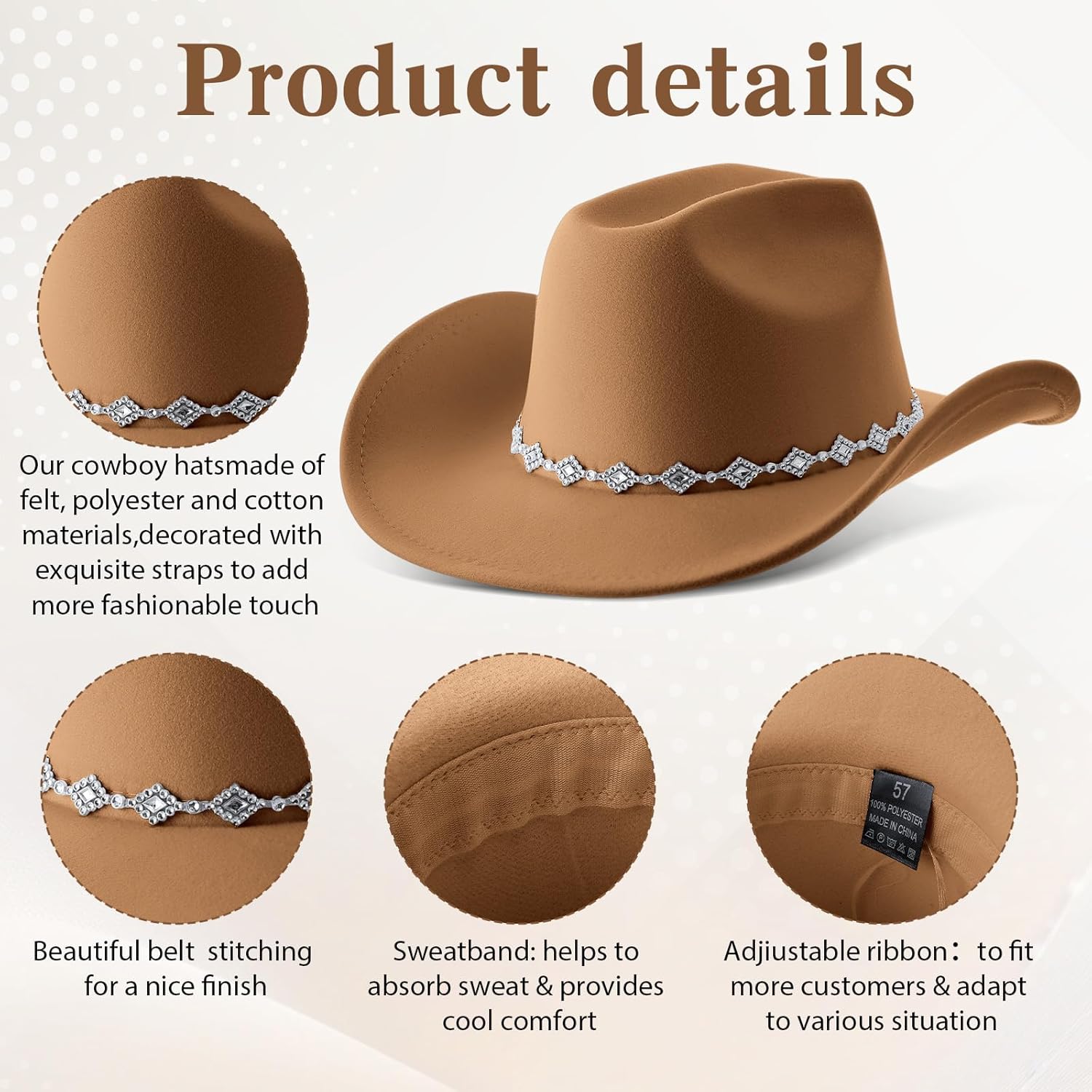Hercicy 2 Pcs Western Cowboy Hat for Women and Men Classic Felt Wide Brim Cowgirl Hats with Metal Studs for Halloween