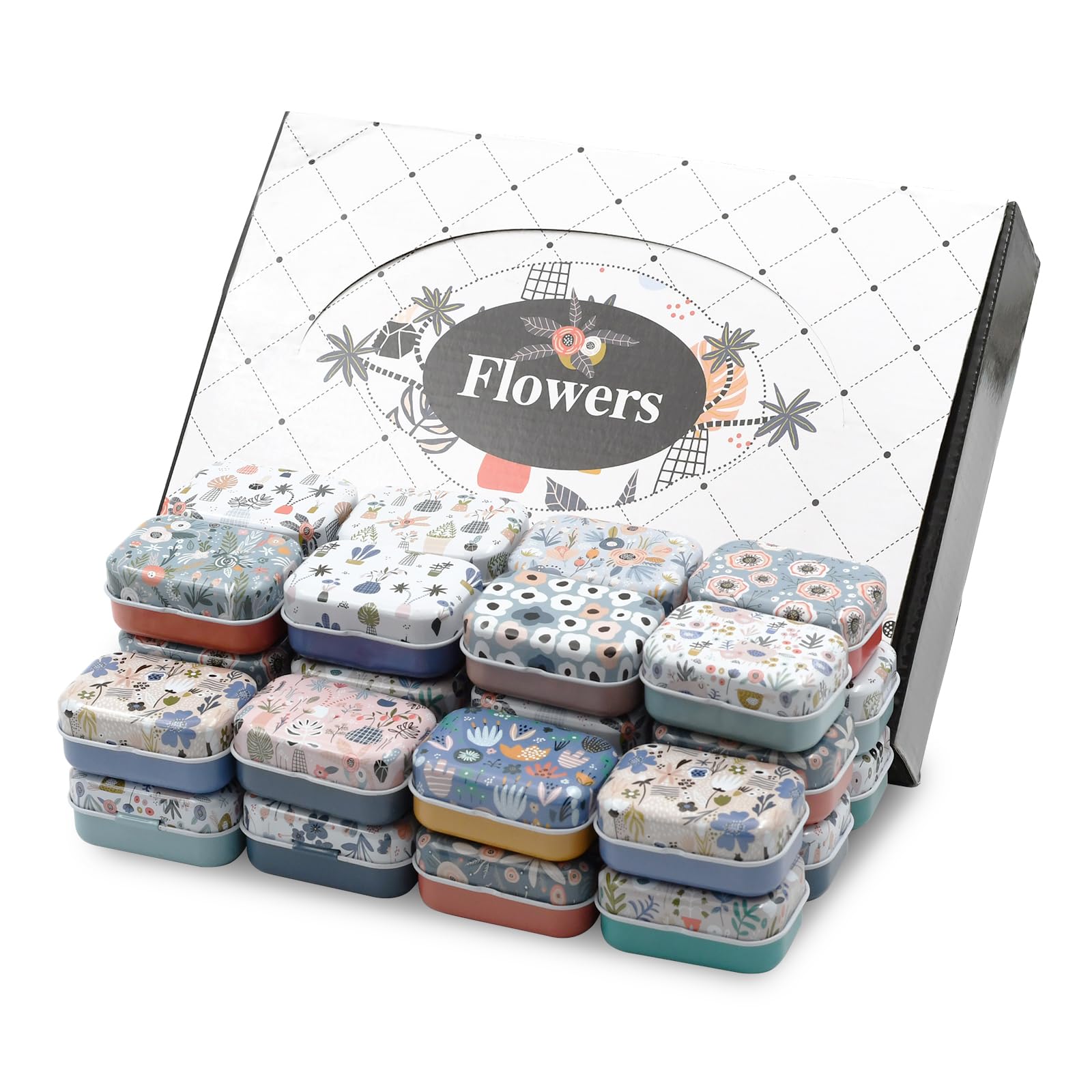 BYZCYSG Mini Storage Tin Box Set, 32 Pieces, 16 Designs, 6 x 4 x 2.5 cm, Decorative Metal Containers (Floral A)
