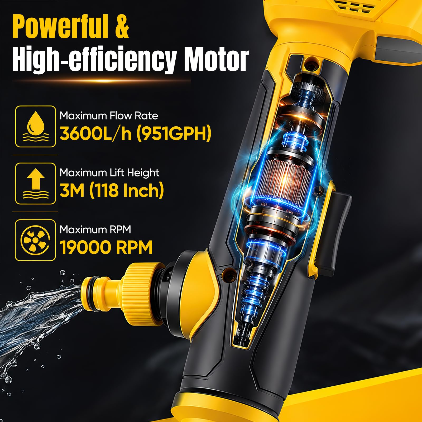 Pompe transfert d'eau sans fil type lance 3600 l/h pour Dewalt 18V 20V | 3m hauteur refoulement submersible portable 19000RPM pour piscines sous-sols récupérateurs d'eau pluie (batterie non incluse)