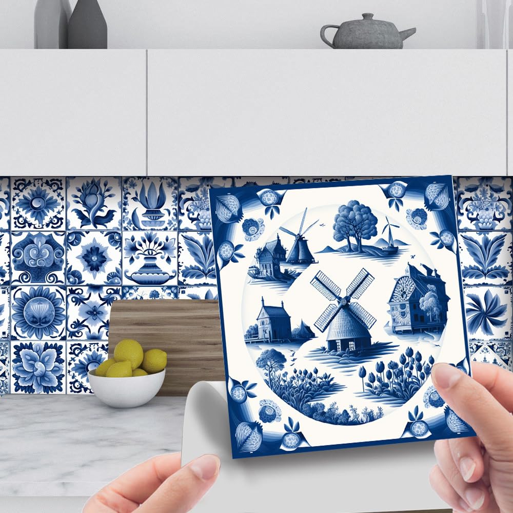 Tile Stickers Blue Windmill Stick On Tiles PVC Bathroom Decor Waterproof Bathroom Tile Stickers,DIY Peel and Stick Tiles Kitchen Transfers Covers for Kitchen Bathroom24 PC(15x15cm)
