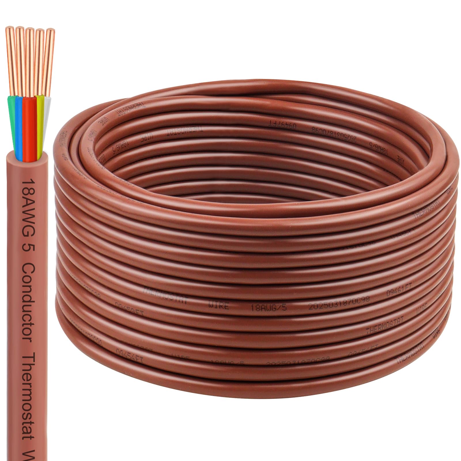 18AWG Thermostat Wire 18/5 Solid Copper – 5 Conductor Low Voltage HVAC Cable for Thermostats, Alarm Systems, Doorbells, Multi-Color, 50FT