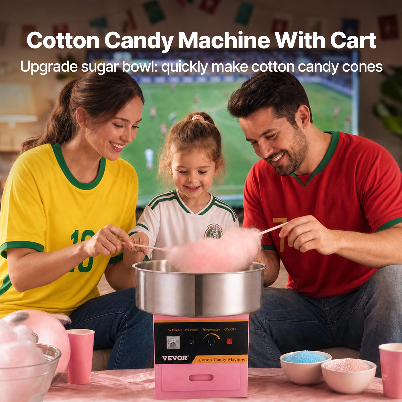 VEVOR Machine à Barbe à Papa Professionnelle 1000 W Appareil à Barbe à Papa Commercial 6 PCs/min Grand Bol en Inox Alimentaire Température 95,8-233,3 °C pour Faire Bonbons Fête Anniversaire