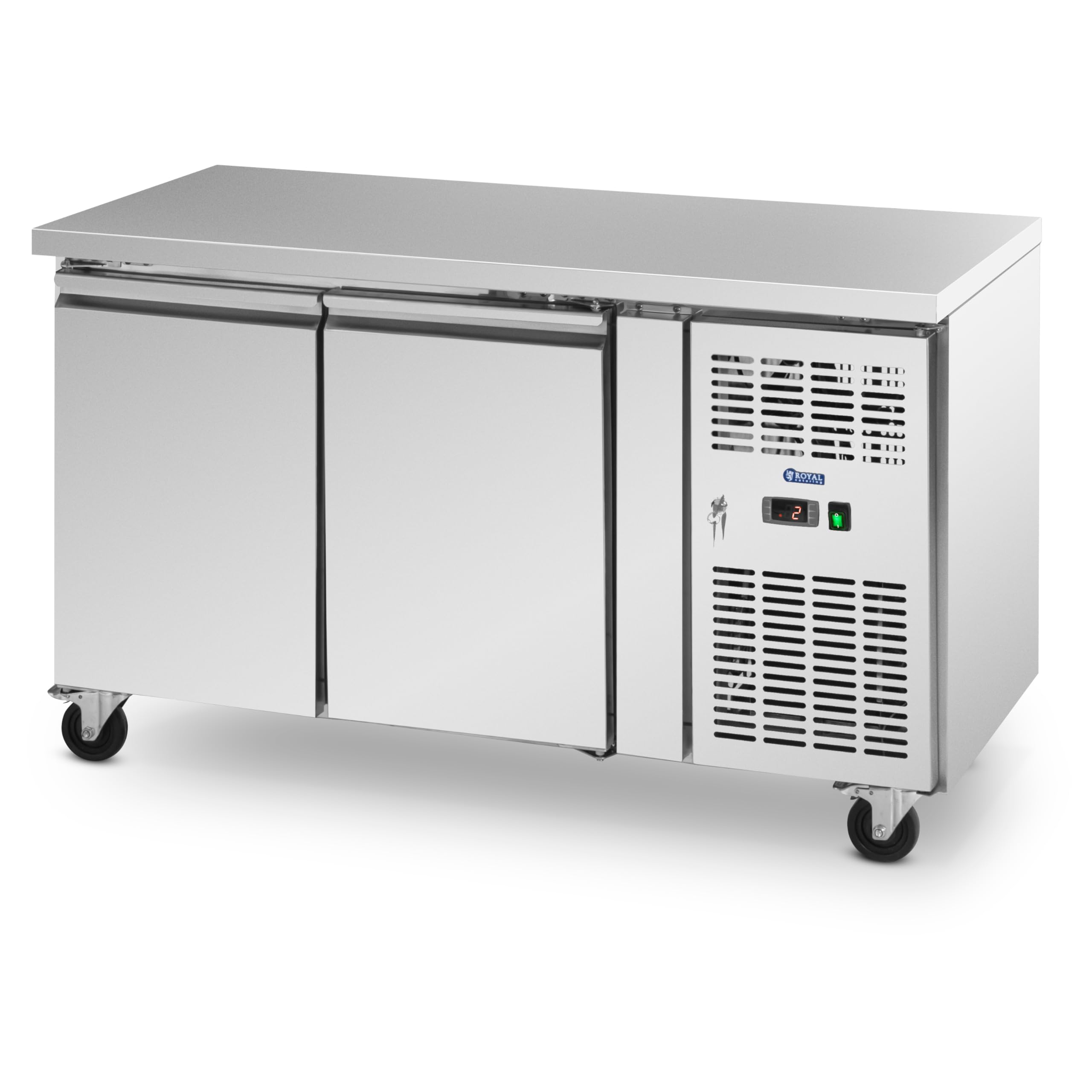 Royal Catering Mesa Refrigerada de 260 L y 136 x 70 cm con Ruedas 2 Compartimentos Clase B en Acero Inoxidable Bajomostrador refrigerado Mesa con refrigeración Mostrador refrigerado para hostelería