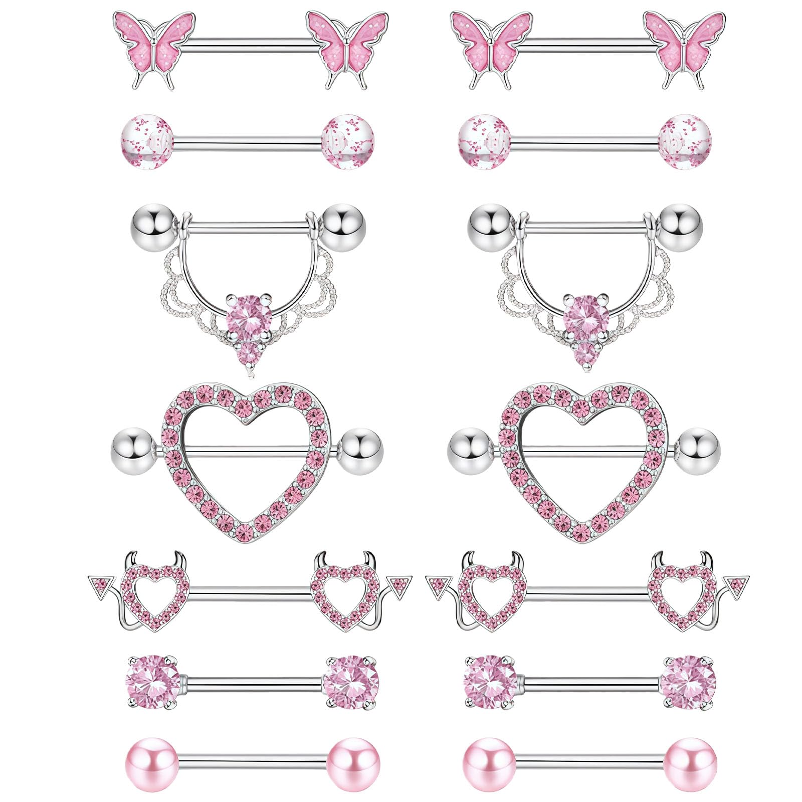 7 Pairs Pink Nipple Bars, 16mm Nipple Piercing Jewellery, Tongue Piercing-image-35