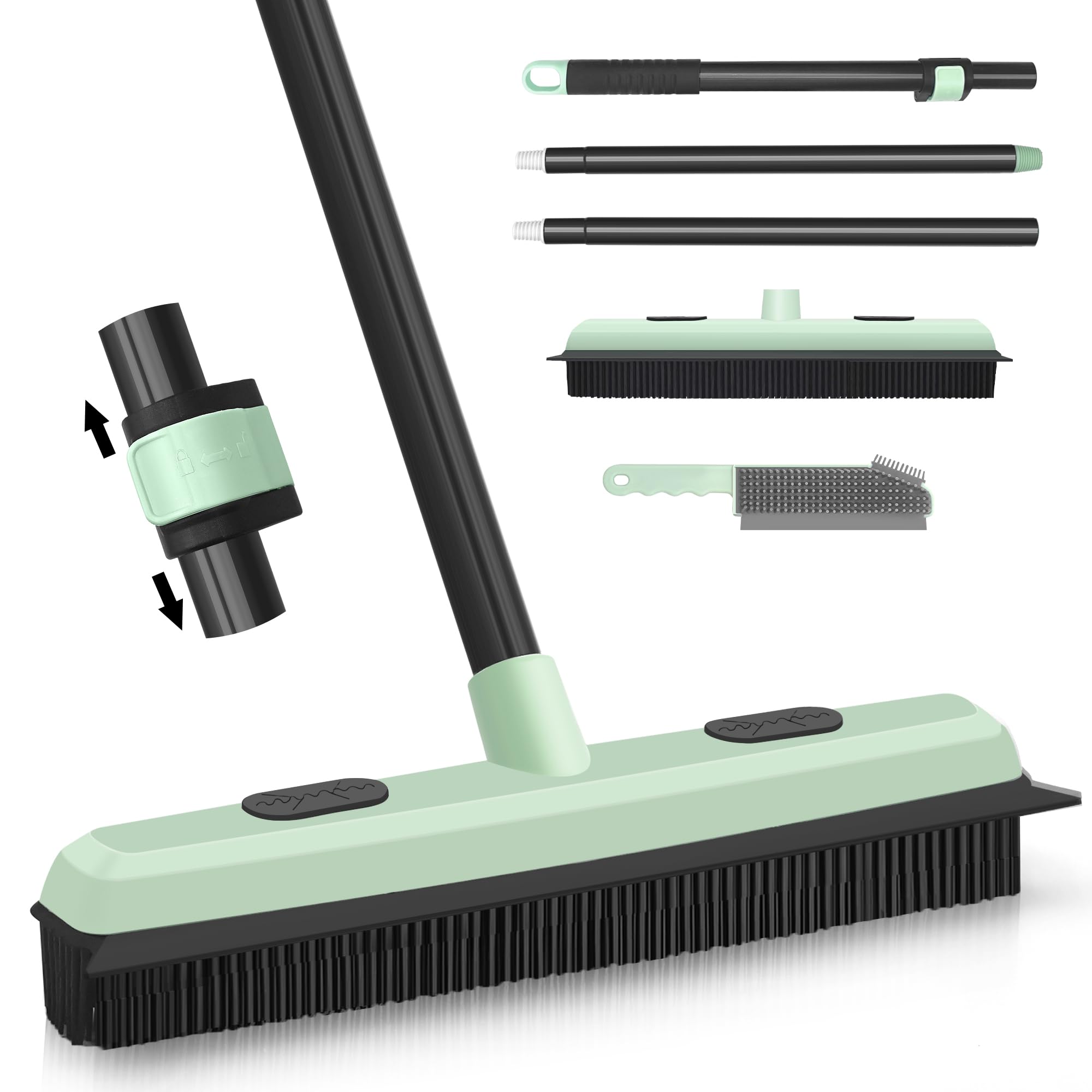 DALIPER Pet Hair Removal Broom with Squeegee 58‘’ inches Long Handle Carpet Rake, Rubber Push Fur Broom, Carpet Squeegee with Detailing Lint Brush