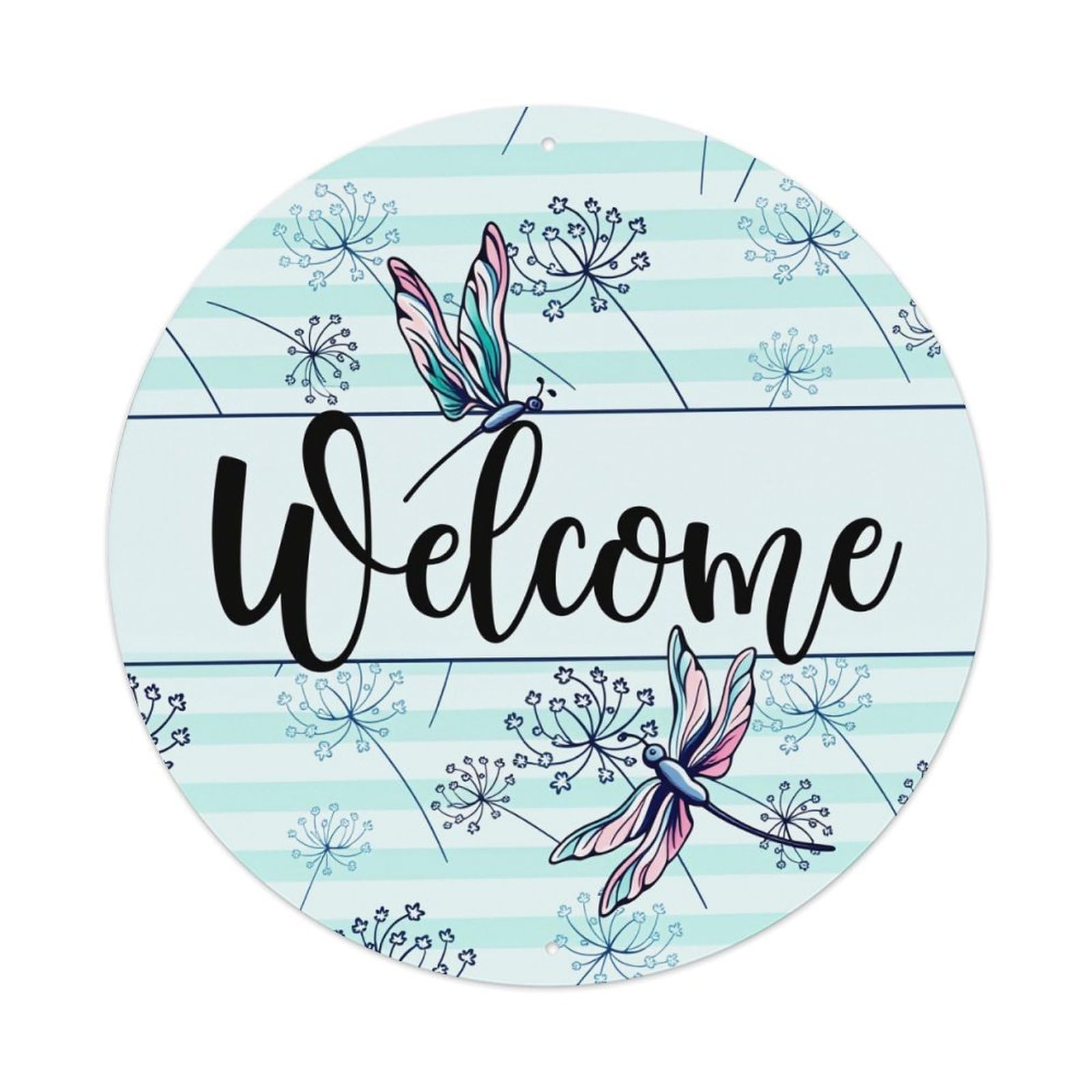 Butterfly Dragonfly Stripes Flowers Welcome Round Tin Sign Vintage Metal Poster Retro Bar, Home, Man Cave, Kitchen, Laundry Room Wall Art Decor Gift 8x8Inch