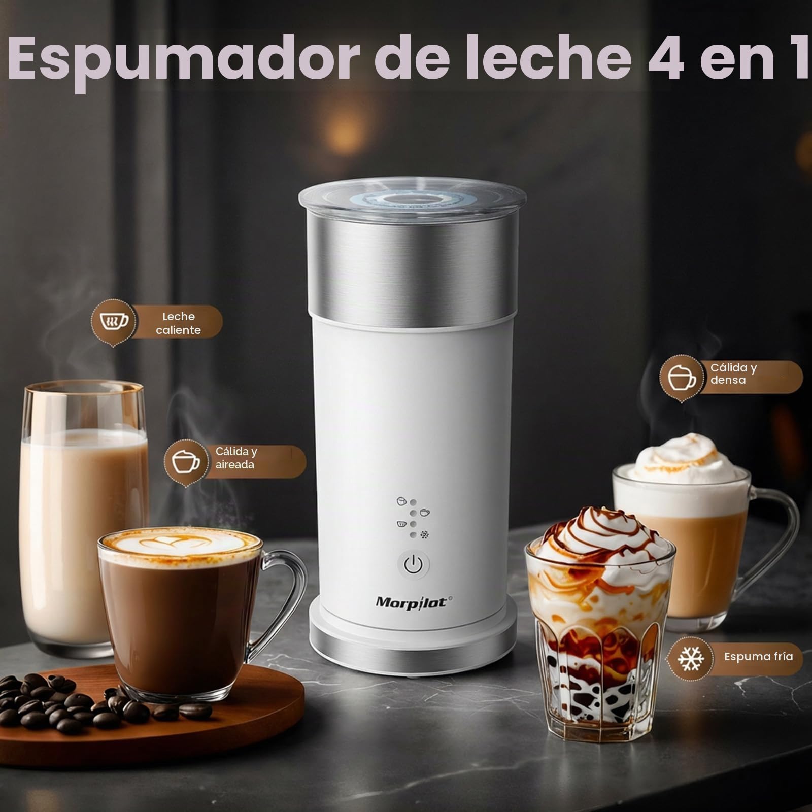 Morpilot Espumador de Leche Eléctrico Automático, Función 4 en 1, Acero Inoxidable, para Espuma Fría y Caliente, Latte, Capuchinos y Macchiato, Blanco
