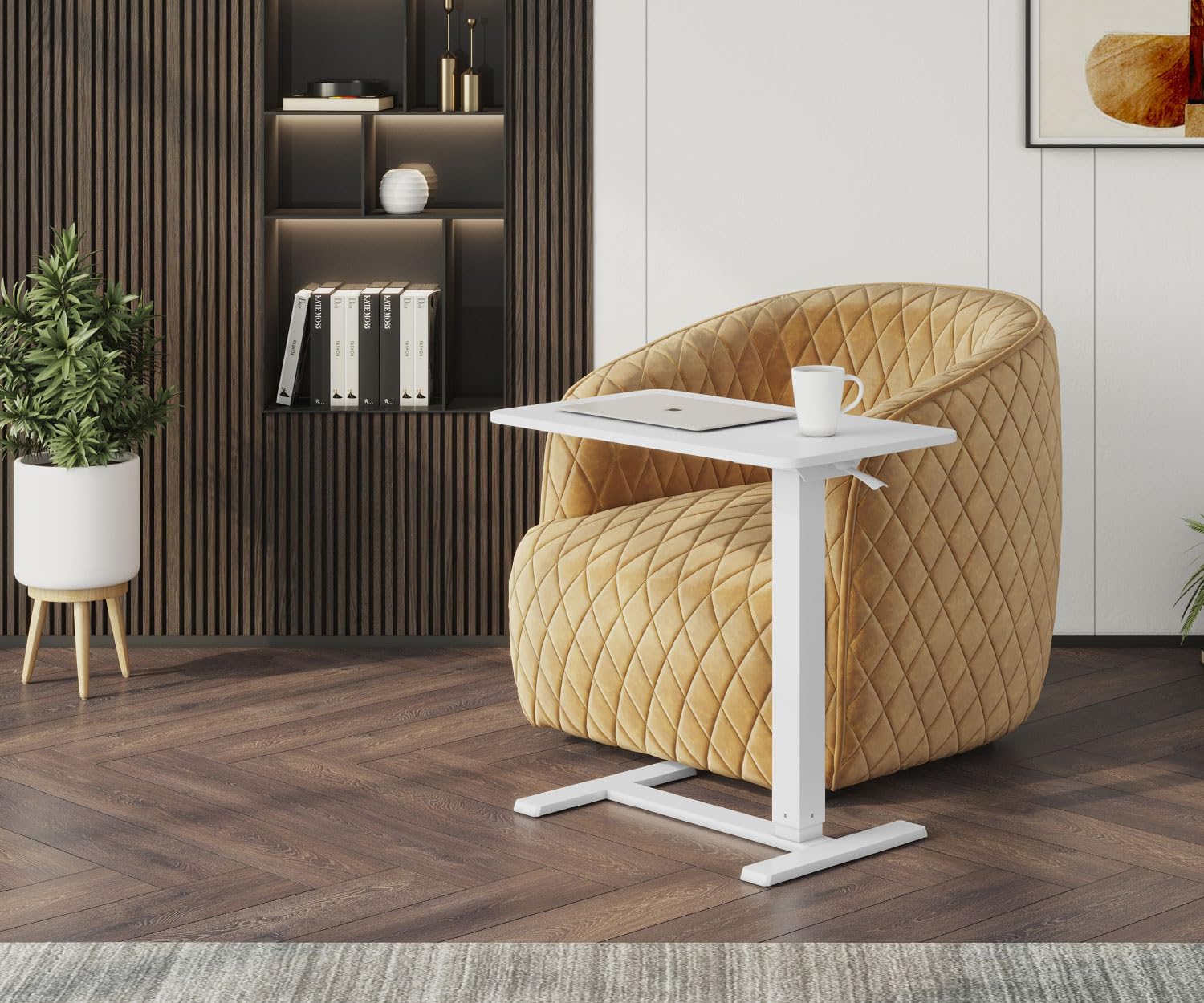 ESMART EACM-121WW 71 x 40 cm Blanc - Table d'appoint Mobile réglable en Hauteur pneumatiquement en continu 64-99 cm sur roulettes pour canapé, lit, Chambre d'enfant