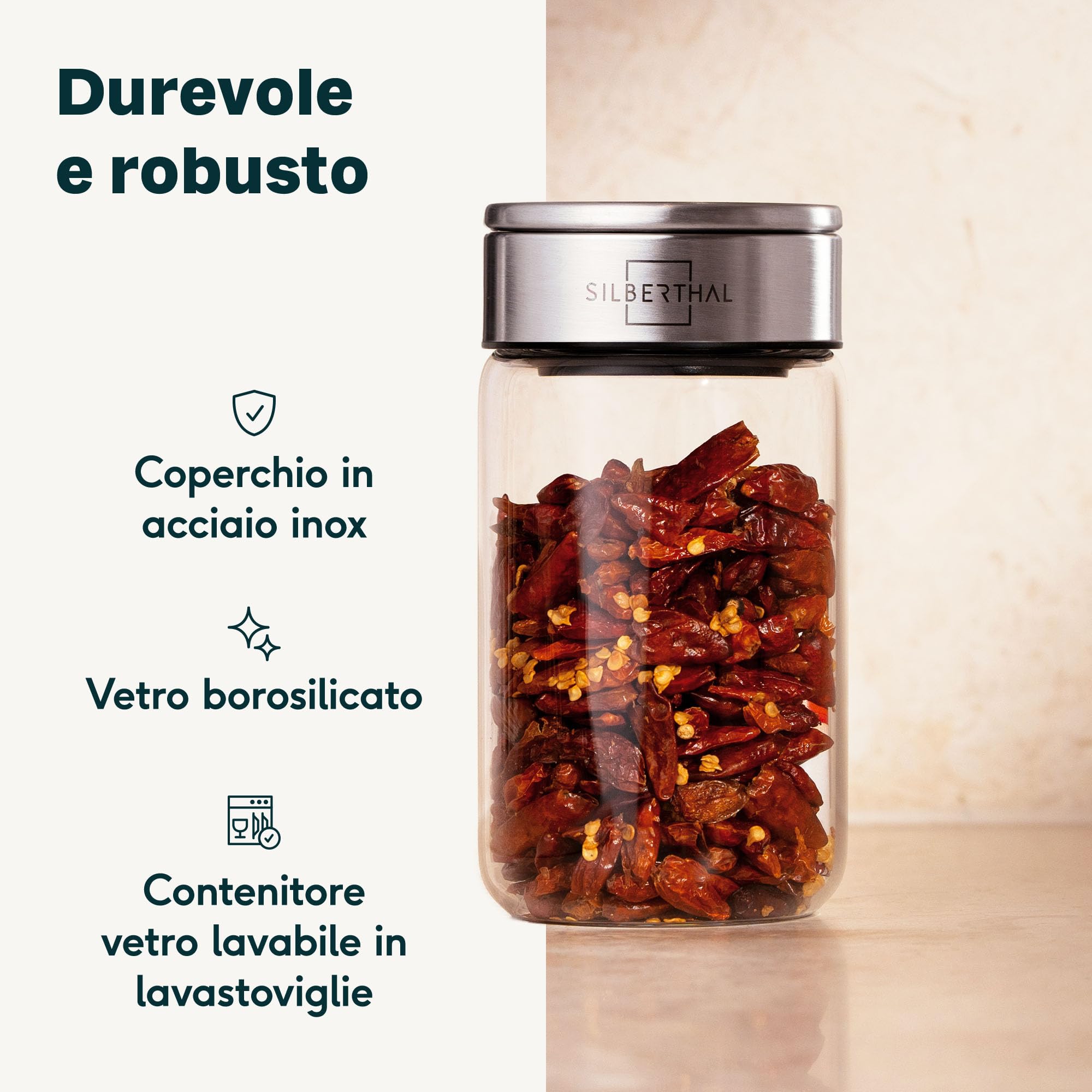 SILBERTHAL Set 12 barattoli porta spezie in vetro 300 ml – Coperchio inox