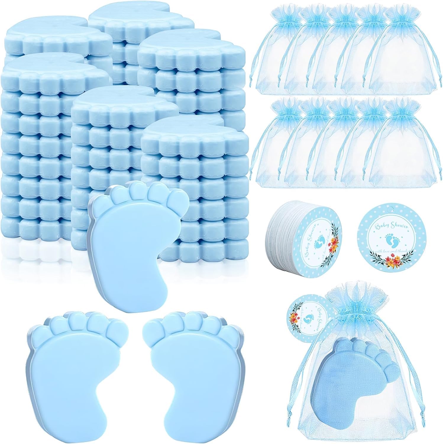50 Stück Baby-Party-Gastgeschenke, niedlich, handgefertigt, Baby-Fußabdruck, duftende Seifen, Dankeschön, Rückgabe, Preise mit Taschen und Dankeschön-Etiketten für Hochzeit, Geburtstag, Party, Gäste