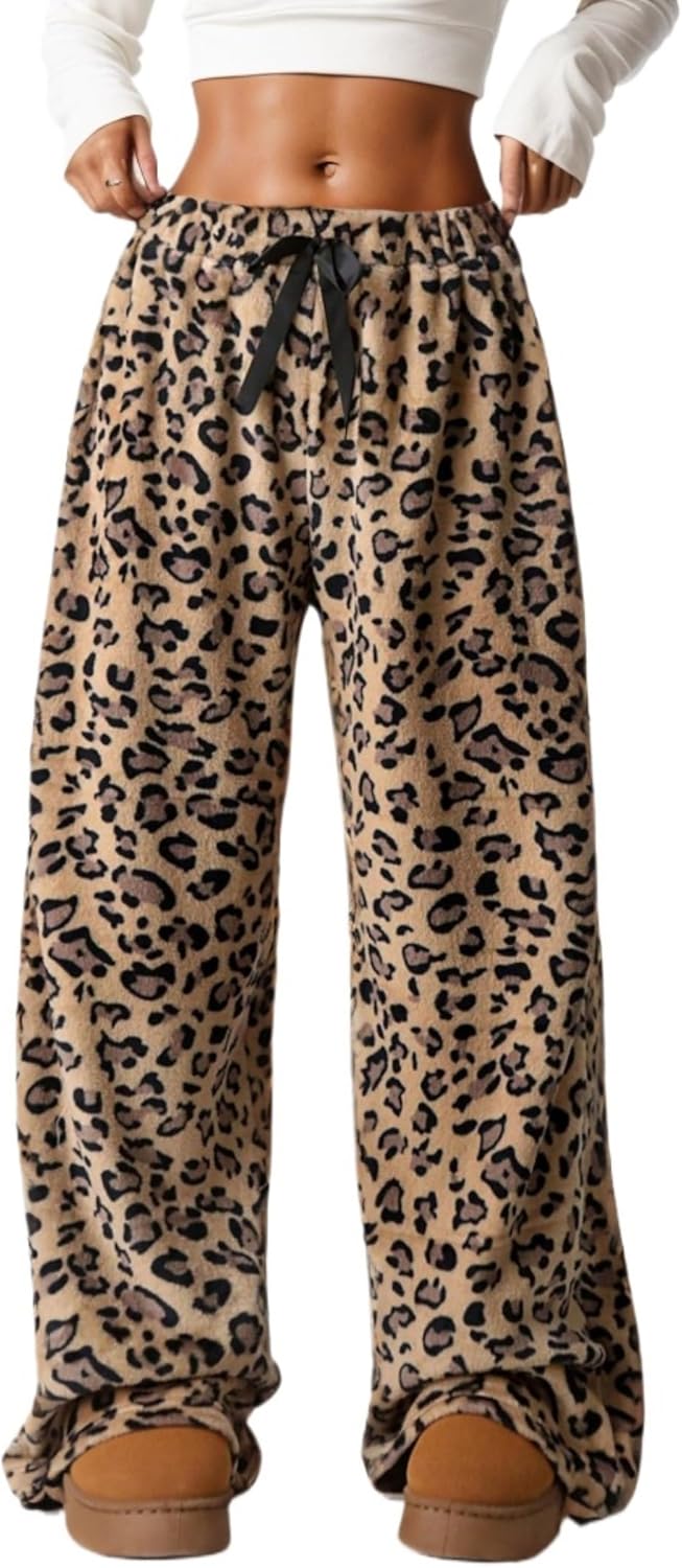 VCM Leopard Print Pants Y2k High Waisted Baggy Trousers Drawstring Fluffy Cheetah Fuzzy Pajama Sleepwear