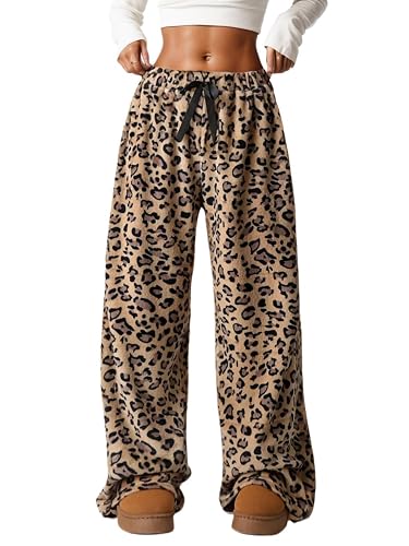 VCM Leopard Print Pants Y2k High Waisted Baggy Trousers Drawstring Fluffy Cheetah Fuzzy Pajama Sleepwear