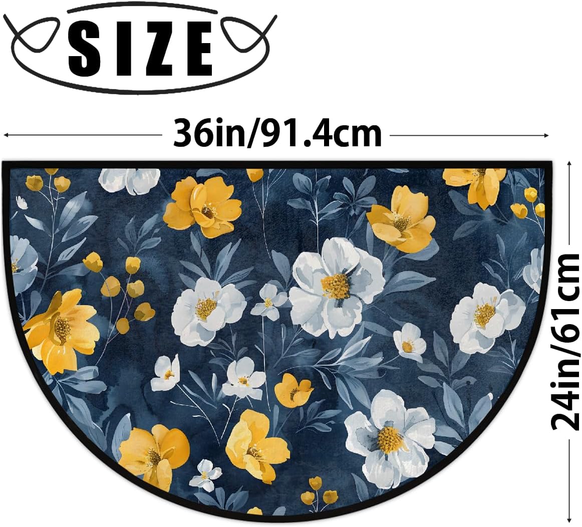Half Round Door Mat Abstract Yellow White Flower Half Moon Rug Washable Half Circle Area Rugs Indoor Entrance Non Slip Semi Circle Bathroom Rugs Floor Carpet for Kithen Bedroom Fireplace Decor