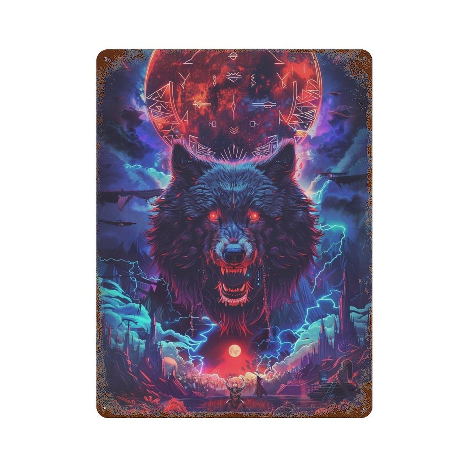 Distressed Metal Wall Sign with Wolf Moon Fantasy Artwork Design 15.7"x11.8", for Shed, Workshop And Garage Wall Decor, Decorative Metal Wall Art