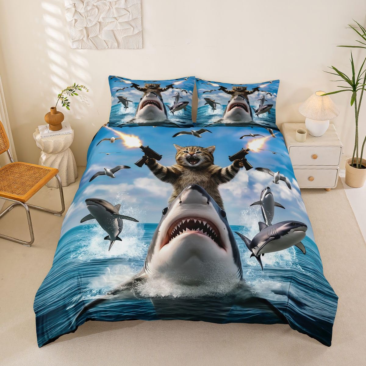 Homewish Szary Czarny Szop Podwójna Pościel Pod Morzem Rekin Zwierzęta Zestaw Poszwa Na Kołdrę Niebieski Ocean Fale Poszewka Na Kołdrę Zwierzęta Kawaii Śliczne Zestawy Łóżek