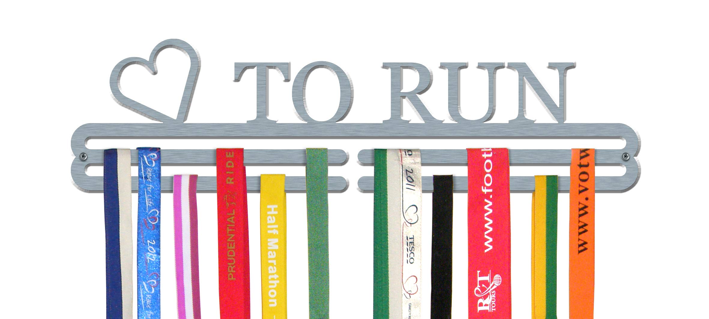 Medal Hanger Display | LOVE TO RUN | Brushed Stainless Steel Double Bar | Wall Mounted Running Medal Ribbon Holder | Made in Britain | The Medal Hanger Shop