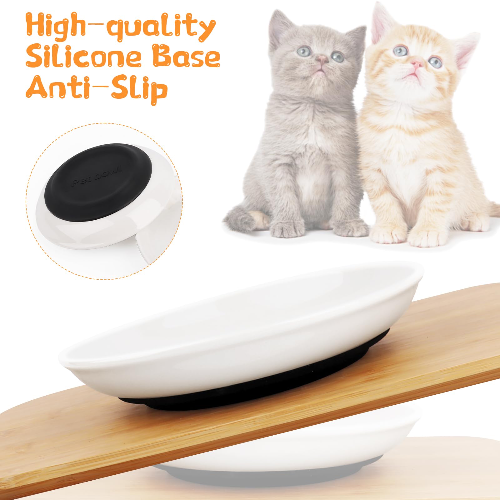 Set di 3 ciotole per gatti, in ceramica, con fondo in silicone antiscivolo, per gatti, piatta, allevia l'affaticamento dei baffi, per cibo e acqua, per gatti