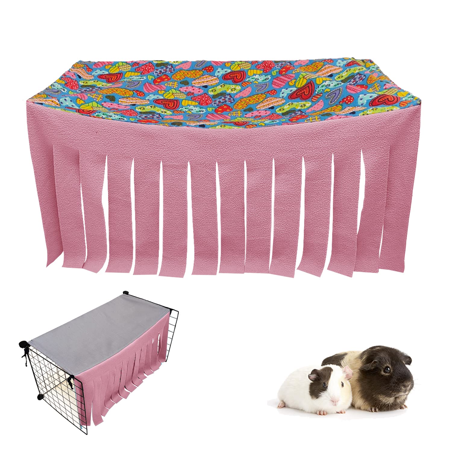 RIOUSSI Guinea Pig Hideout Hideaway Corner Fleece Toys Cage Accessories with Reversible Sides, Heart/Gray+Pink, 27"x14"x14"