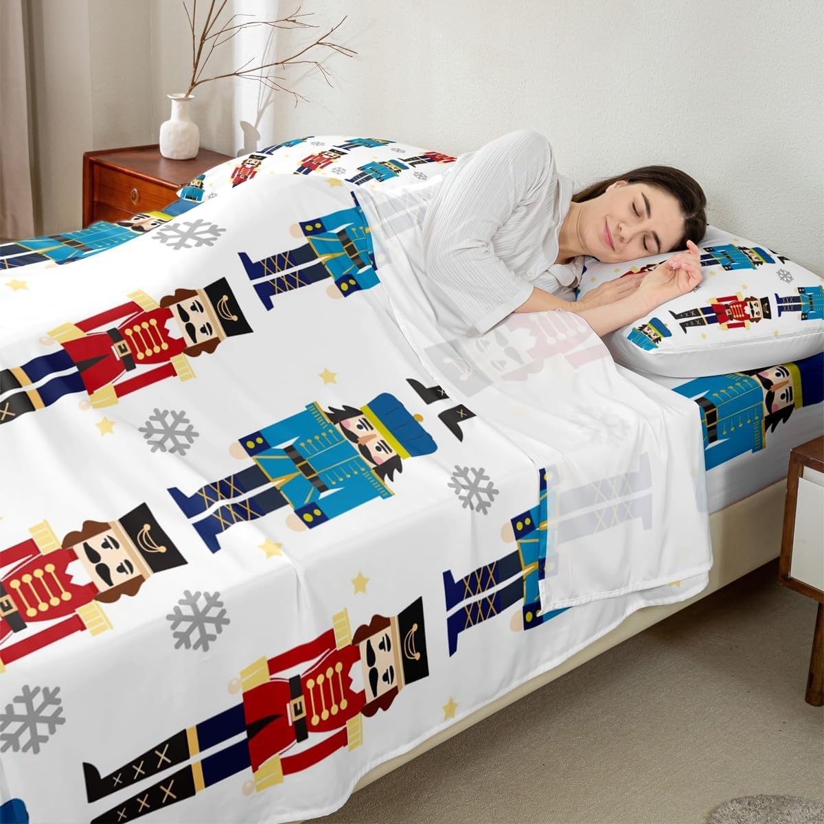 Feelyou Christmas Nutcracker Bed Sheets Sets Queen Size Kids Boys Girls Merry Christmas Bedding Snow Black Red Blue Bed Sheet Set with 16-Inch Deep Pockets Wooden Soldier Toy 4Pcs with 2 Pillow Cases