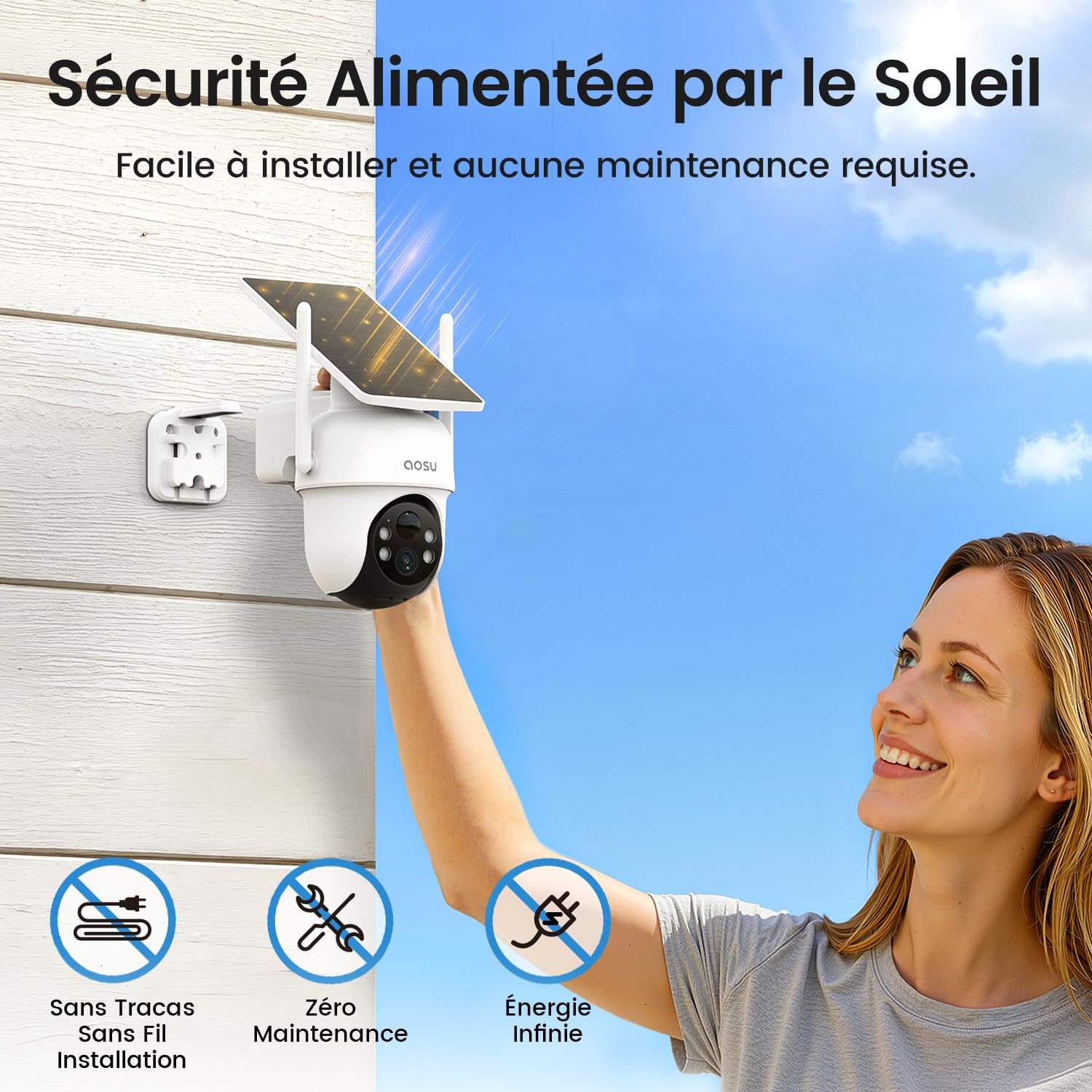 aosu 2K Camera Surveillance WiFi Exterieure sans Fil Solaire, Kit 2 Caméras + aosuBase, sans Abonnement Requis Stockage Local, 360° PTZ Suivi Automatique Détection Vision Nocturne Couleur, 5G/2.4GHz