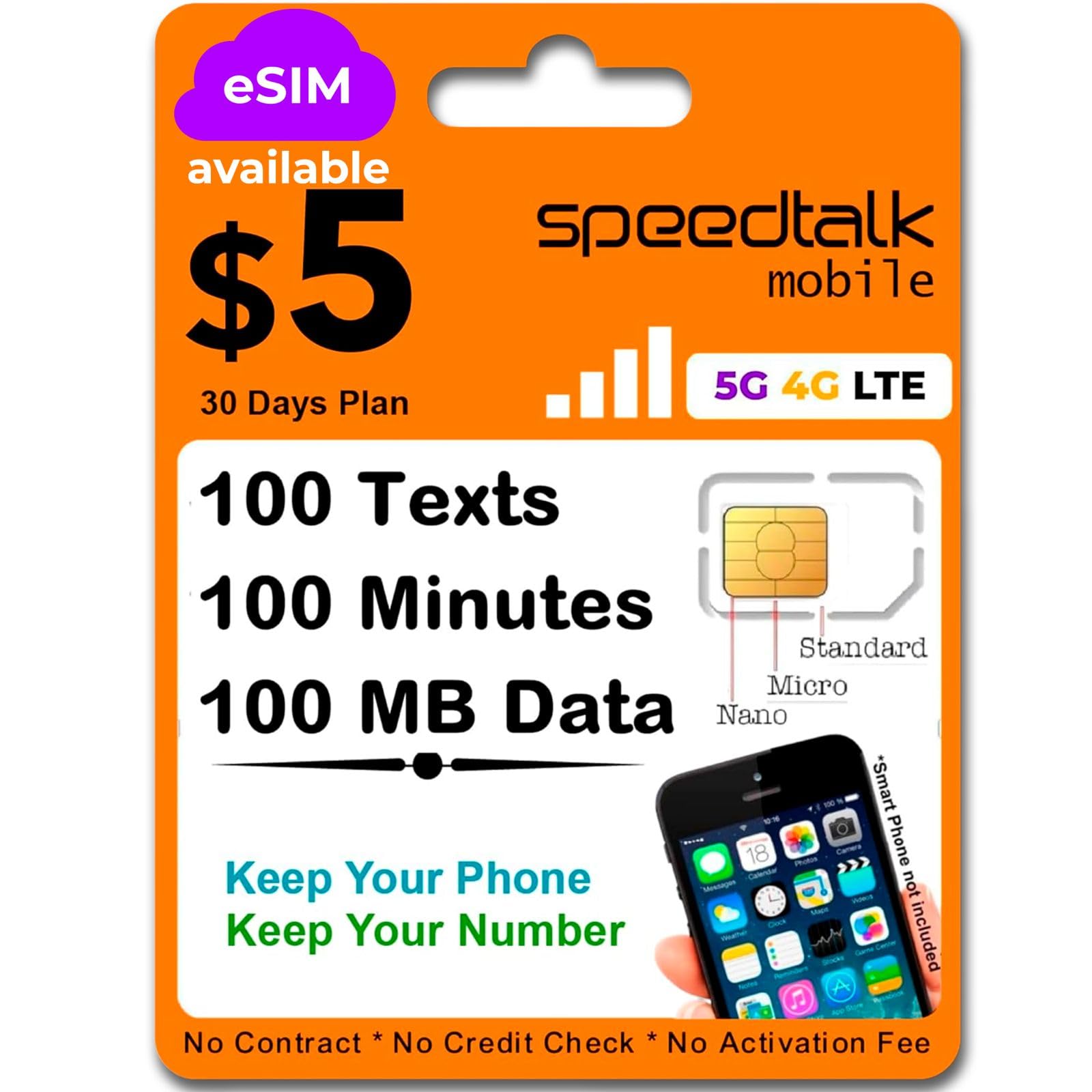 SpeedTalk Mobile Prepaid SIM Card Kit for Smart Phones & Cellphones | $5 Monthly Plan - 5G 4G LTE Data | 3-in-1 SIM Card Standard Micro Nano Size | USA Coverage Bring Your Own Phone