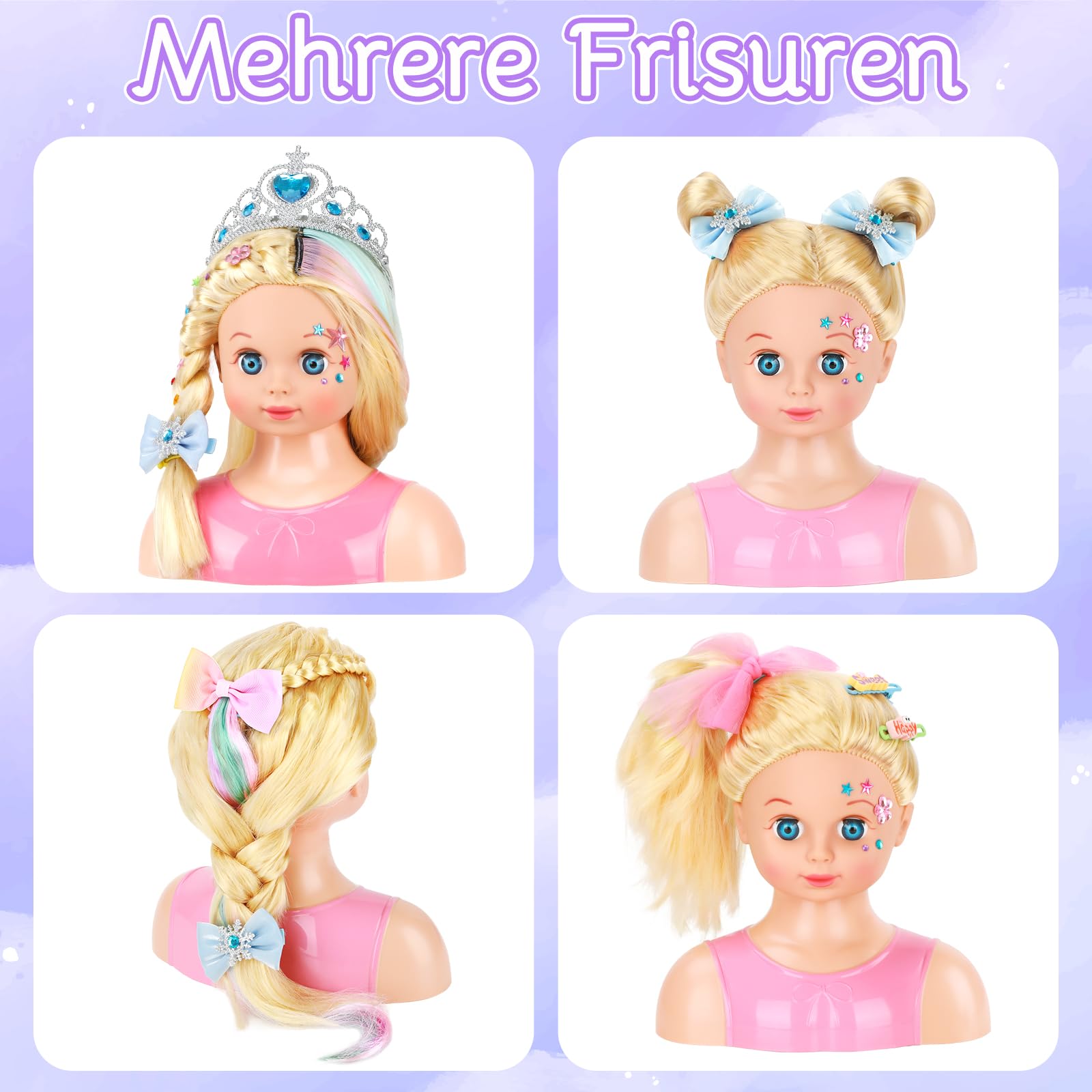Frisierkopf Kinder Set mit Haarverlängerungen, Haarzubehör & Waschbare Kreide - Schminkkopf für Mädchen ab 3 4 5 6 Jahre, Puppenkopf Zum Frisieren Kinder, Weihnachten Geburtstag Geschenke Spielzeug