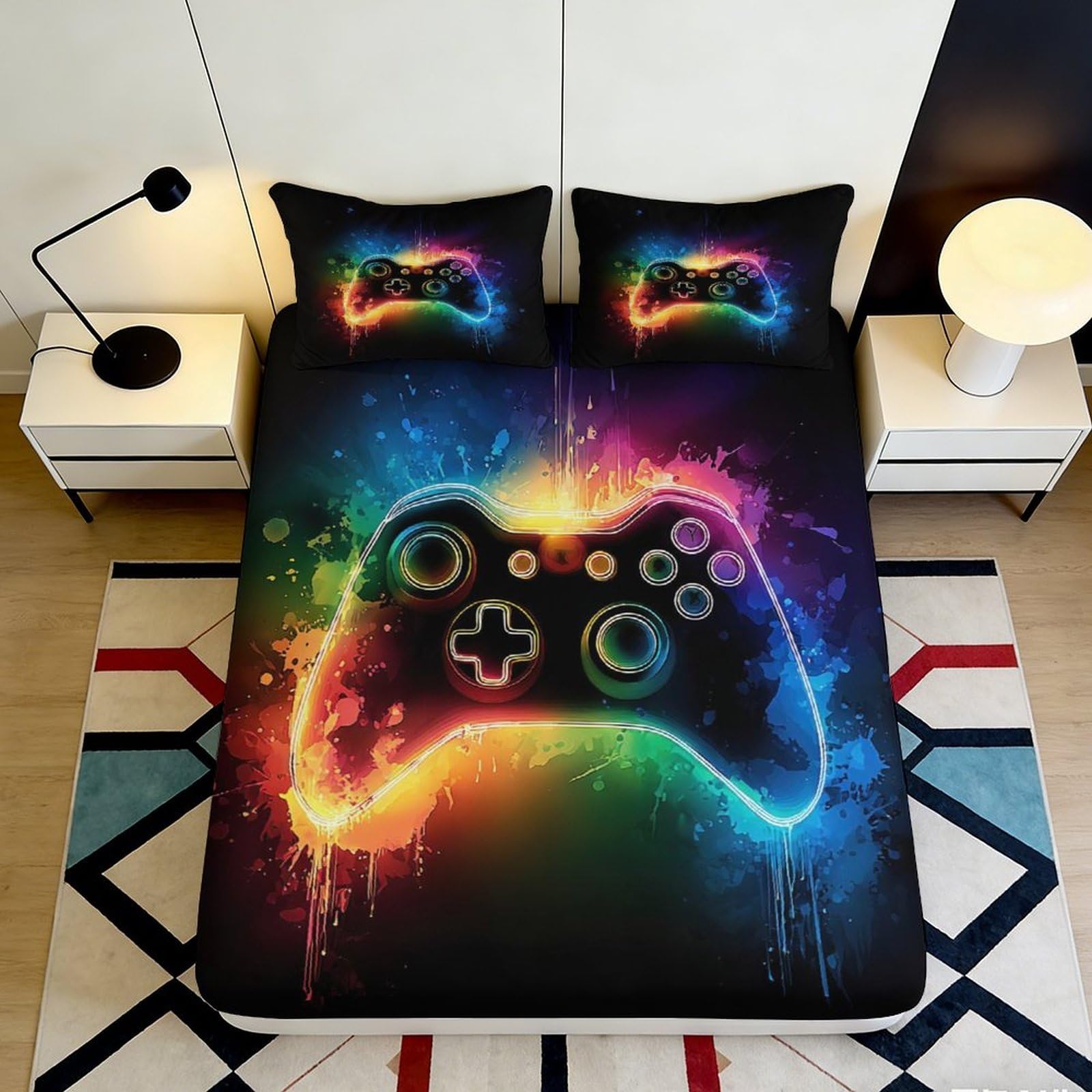 3D Printed Neon Game Controller Fitted Sheet Microfiber Soft Durable Colorful Splash Mattress Cover for Bedroom Dorm Dormitory Guest Room Decor 180x200x25cm