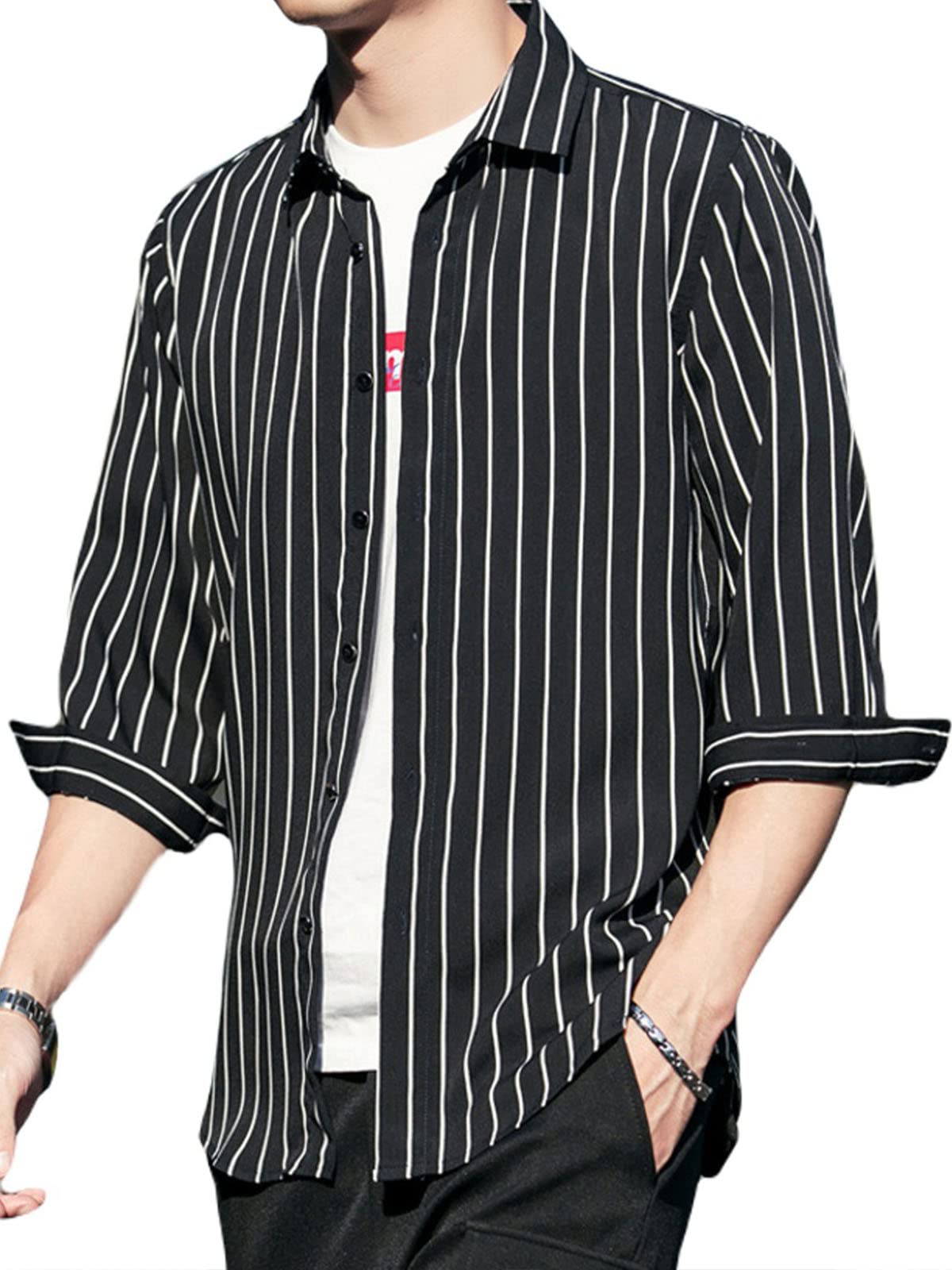 [Waiehu] [ワイエフ] ストライプ シャツ メンズ 7分袖 選べる 4タイプ 柄シャツ オフィスカジュアル ビジネス ワイシャツ 通勤 薄手 涼しい フロントボタン 前開き おしゃれ 爽やか スリム フィット インナーシャツ 春夏 トップス M~XL