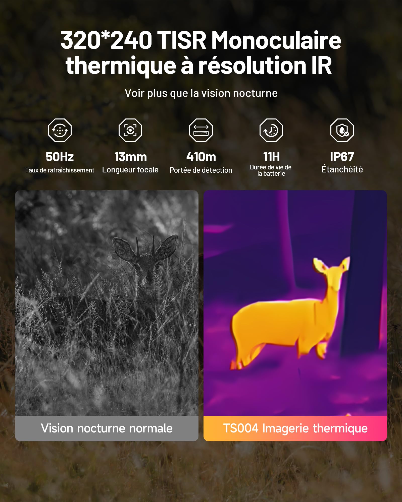 TOPDON TS004 Monoculaire Thermique, 320x240 TISR IR-Résolution 50Hz Camera Thermique pour la Chasse, 11h Autonomie, Objectif 13mm, 410m Portée de Détection, Etanchéité IP67, Zoom Numérique 8X, 32G