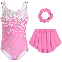 Idgreatim Gymnastics Leotards for Girls 3-Piece Outfit with Skirt 4-11Y | 3-piece set foil-print leotard, removable sequin skirt and matching scrunchie; crisscross back; 95% polyester, 5% spandex.