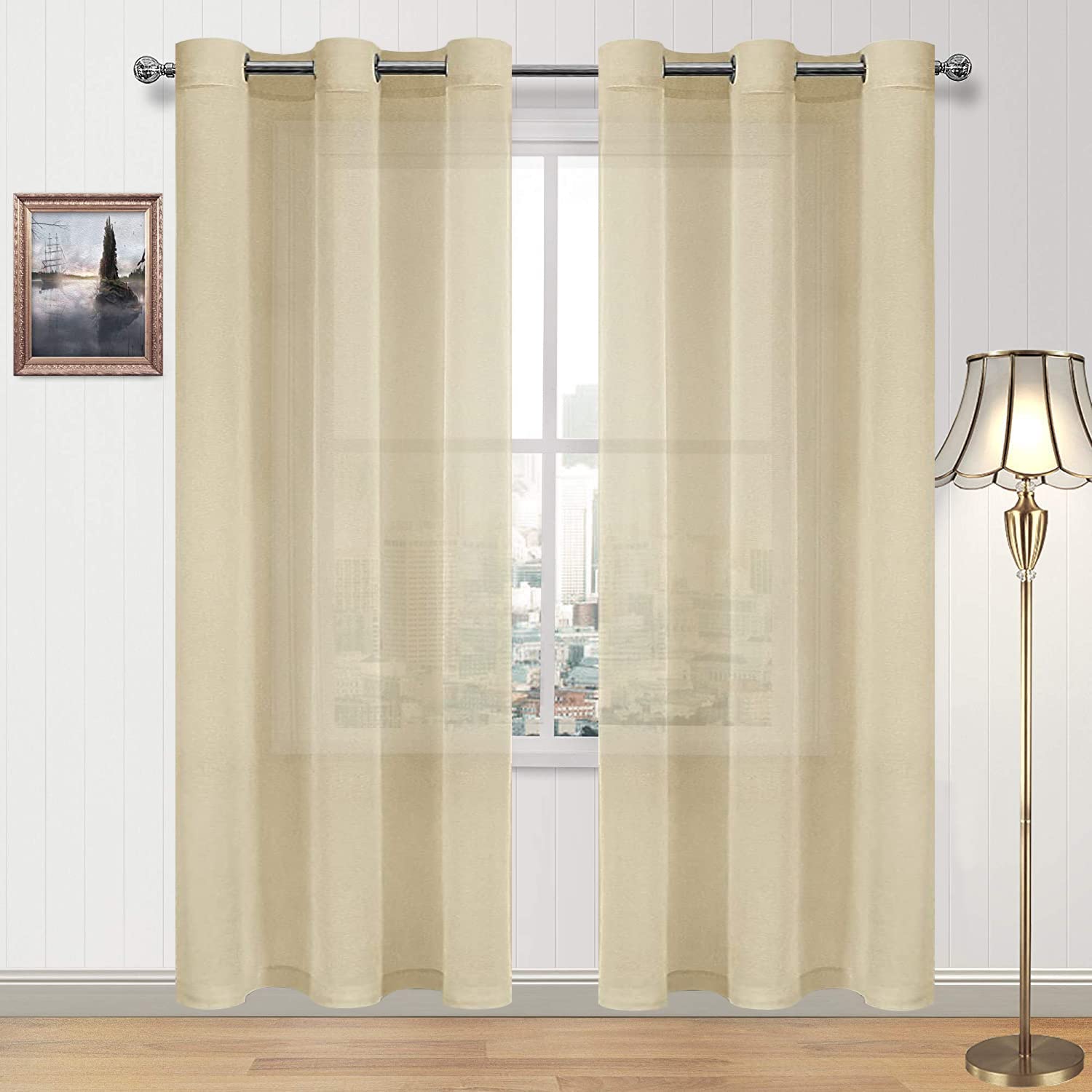 DWCN Beige Sheer Curtains for Living Room Bedroom - Faux Linen Look Voile Drapes Grommet Top Window Curtain Panel 46 x 84 Inch Length, Set of 2 Panels — image 1