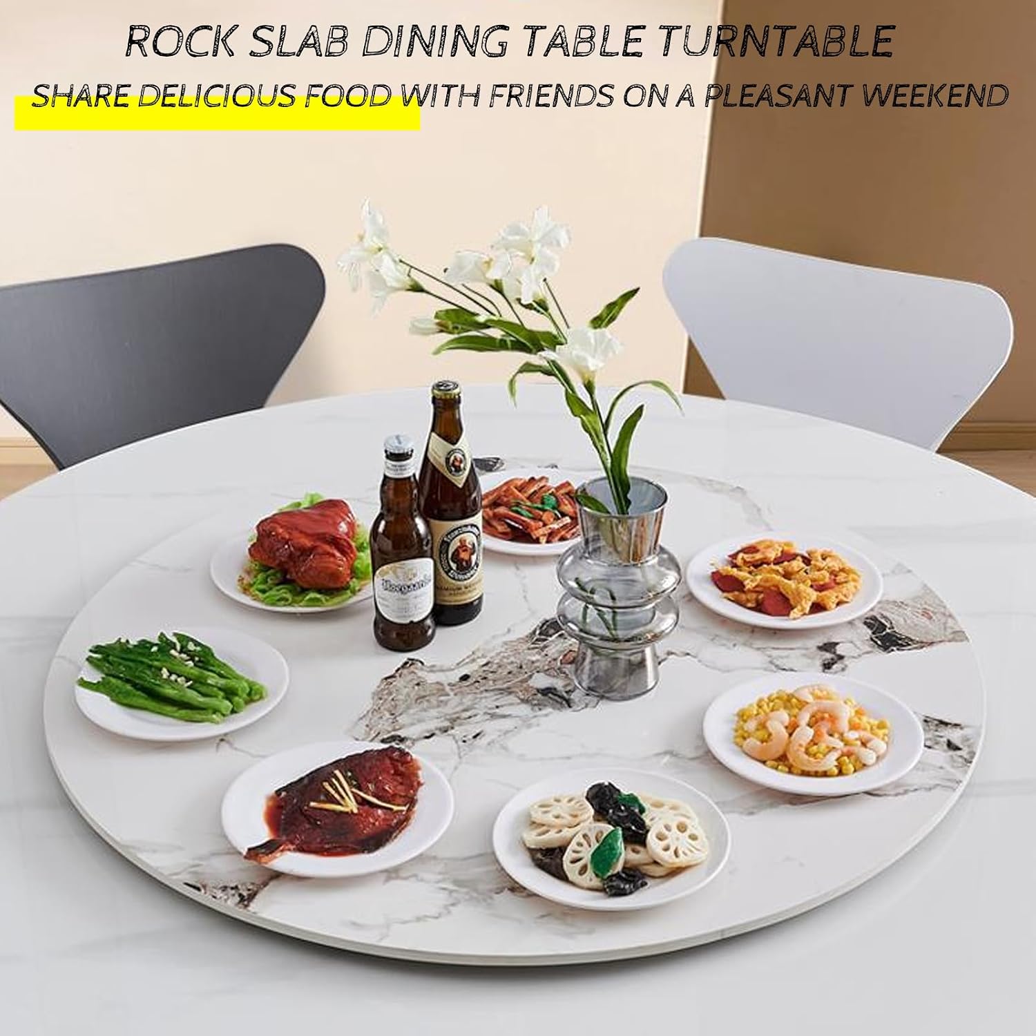 Lazy Susan for Dining Table - 20-32 in Marble Texture Rock Slab Rotatable Serving Plate with Anti-Scratch Surface & Ultra-Quiet Bearing, for Kitchen/Dining Tables Centerpiece