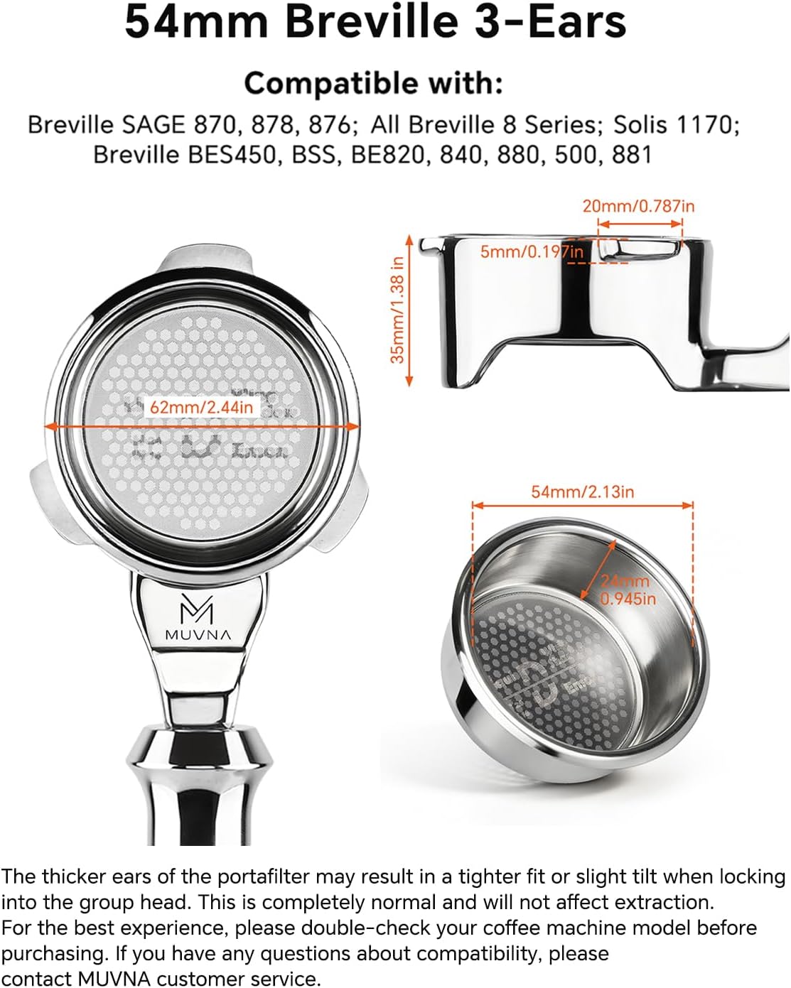54mm Bottomless Portafilter Fits Breville Sage Barista Express Machines - MUVNA 3 Ear Naked Portafilter with 16g Double-layer Filter Basket, Blue