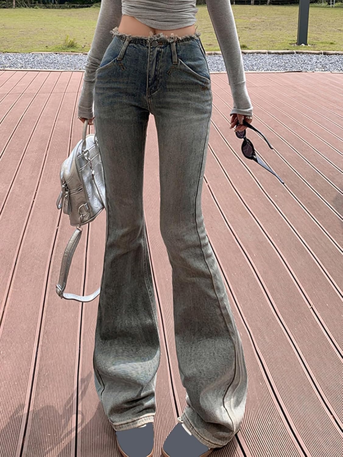 パッチポケットセミフレアパンツ デニムフレアパンツ | SEU | マルイウェブチャネル [MeipingQu] フレアパンツ デニム レディース スキニー 美脚 脚長 ストレッチ ジーンズ ポケット ボトムス フレアデニ