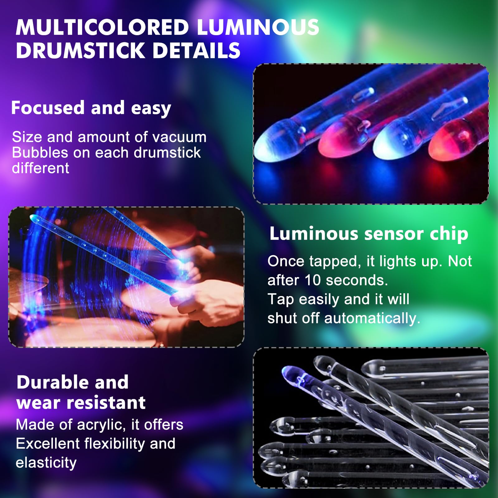 Bacchette per Batteria Ricaricabili a LED, 15 Colori Bacchette per Batteria Illuminate, Bacchette Luminose da 5 A, Bacchette Illuminate, per Percussioni e Strumenti Musicali (1 Paio)