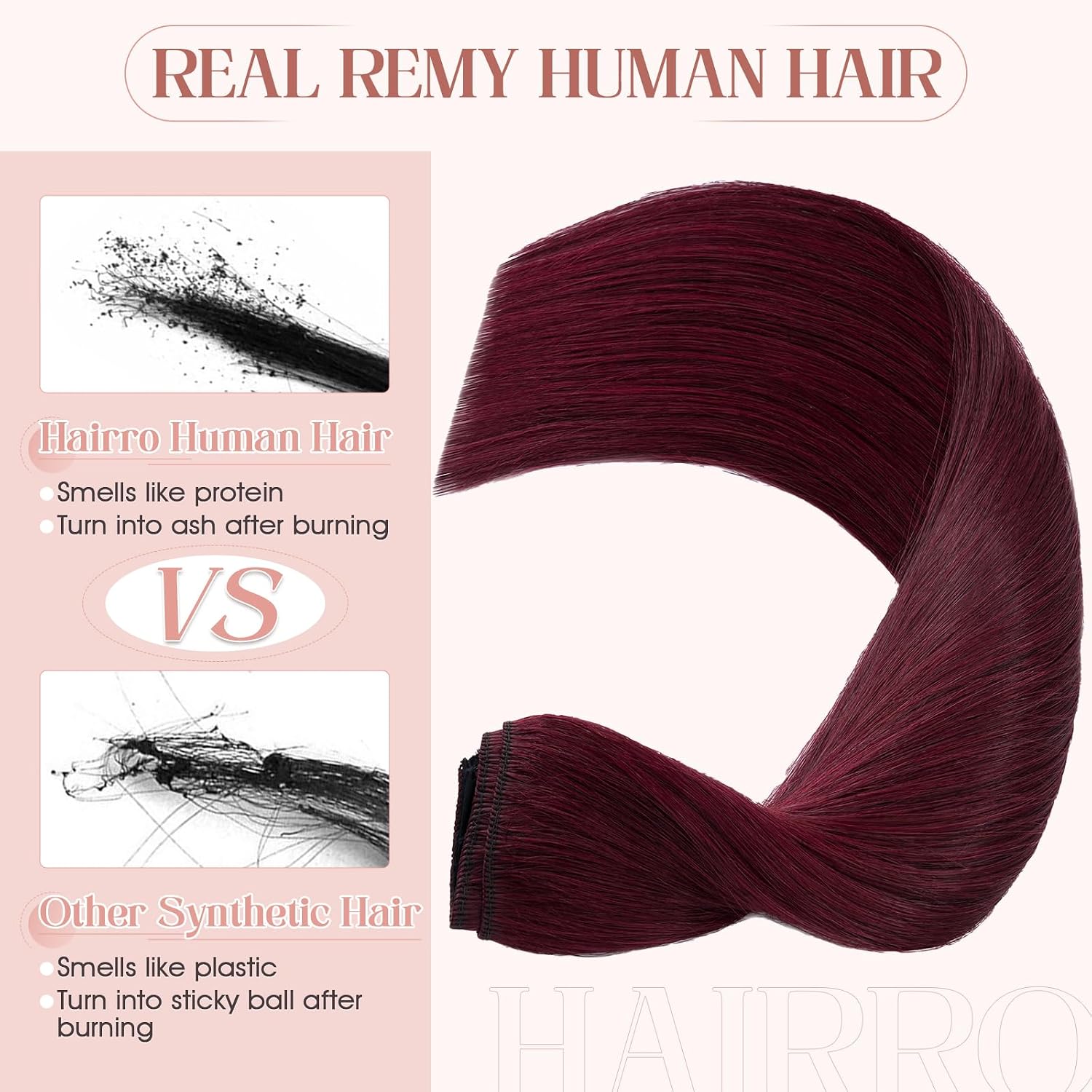 Hairro Sew in Hair Extensions Real Human Hair, 100g/bundle Weave Weft for Women Adding Volume and Length, for DIY Beauty Dating Party, 18 Inch One Bundle Straight #99J Wine Red