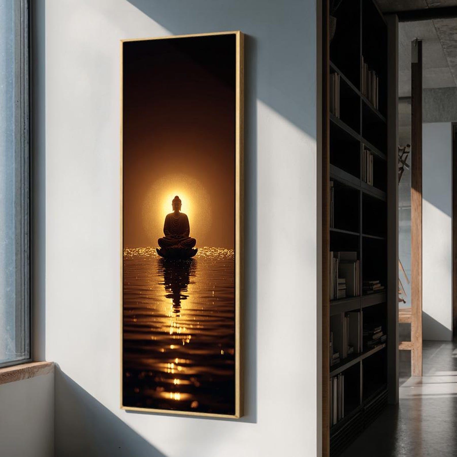 XINBAO Cuadro alto y estrecho, lienzo grande de Buda para pared, pintura de Buda larga y delgada, lámina espiritual vertical para la decoración de una sala de yoga (60x180cm/marco interior).