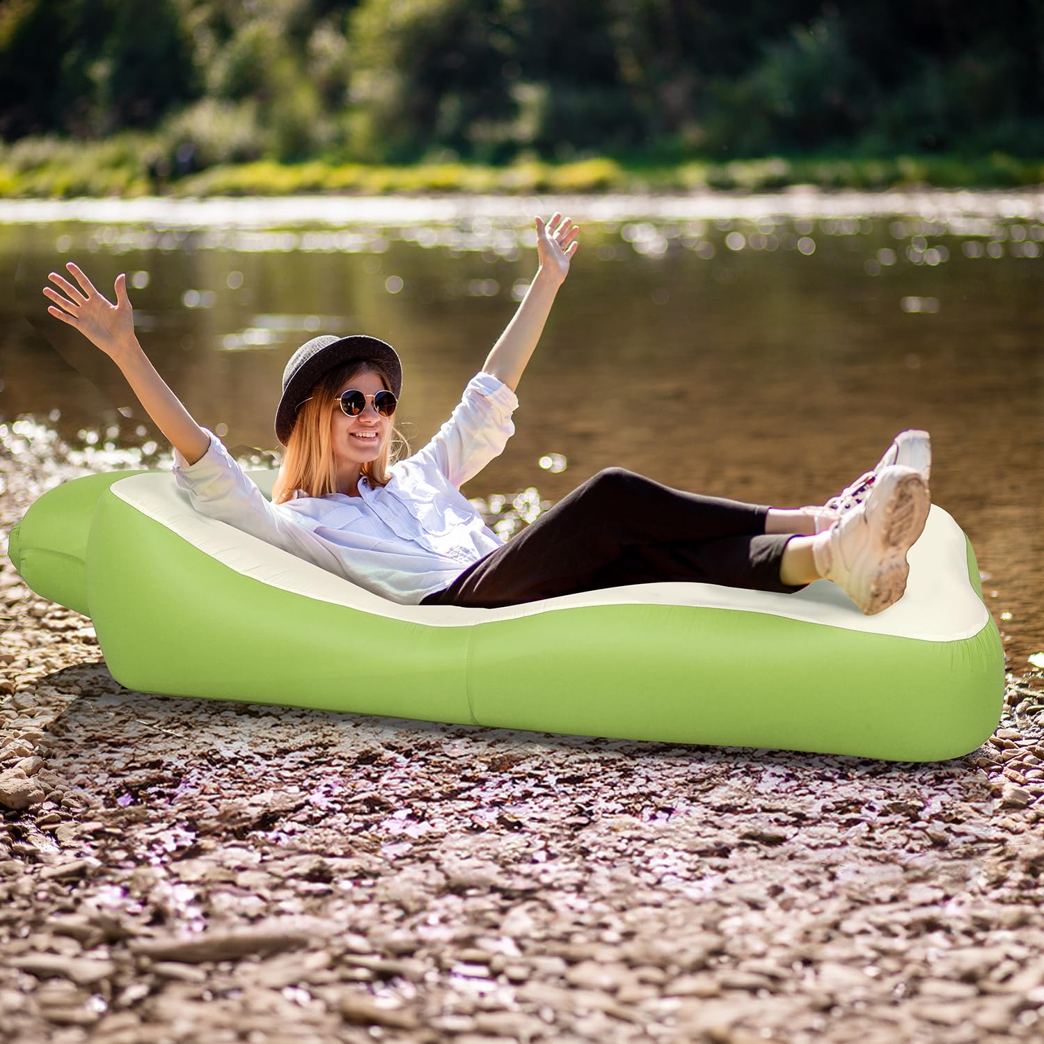 Outplea Hamac Gonflable Portable Canapé Air Sofa - Vert Et Beige, Pour Jardin, Plage Et Camping
