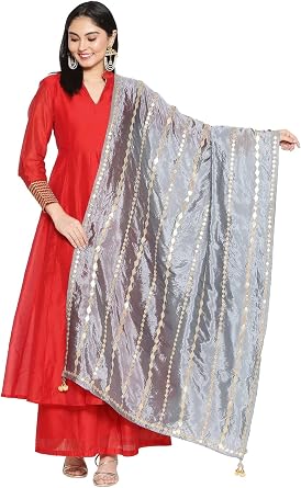 DUPATTA BAZAAR Womens Grey Silk Dupatta with Gotta Patti Work