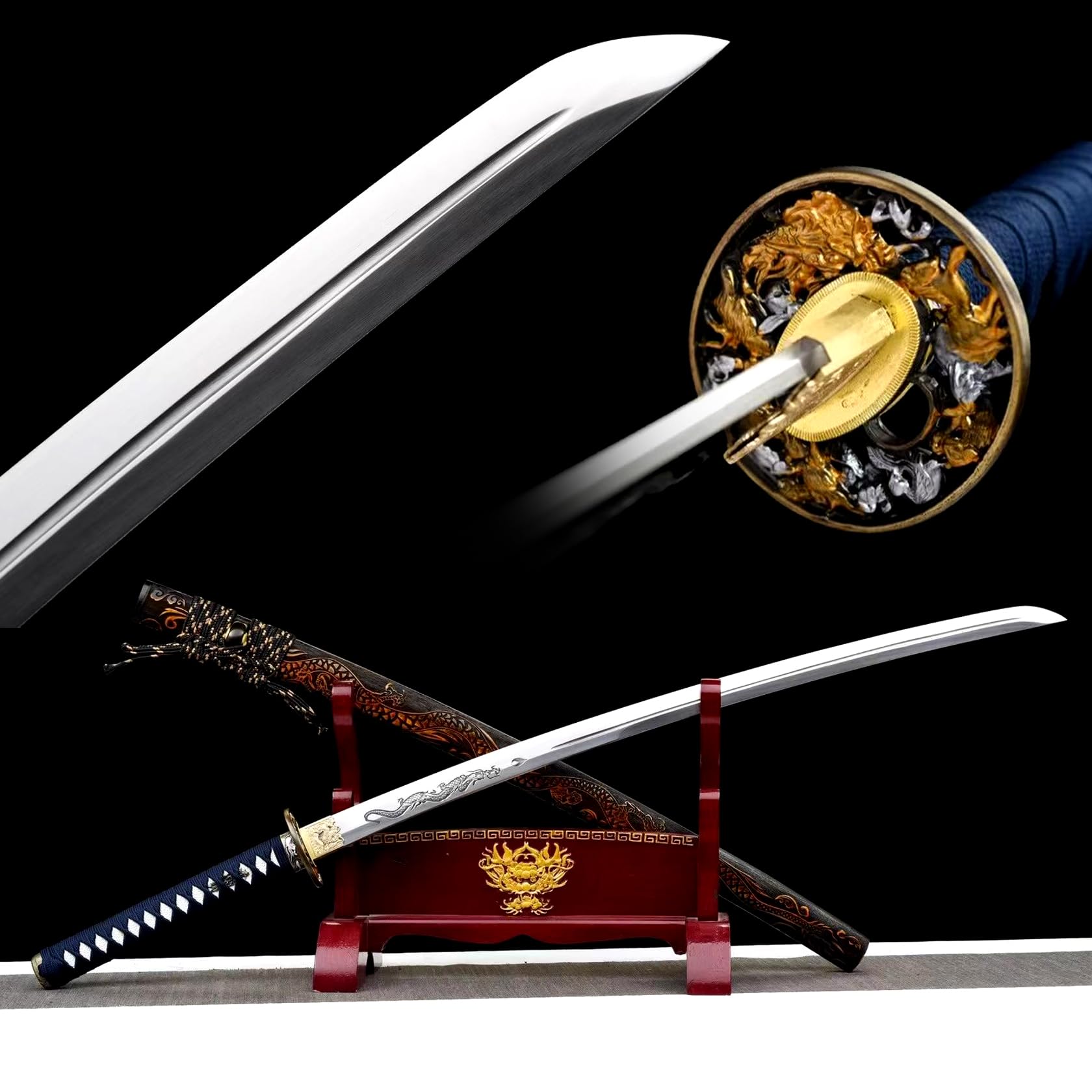 103cm Japanisches Katana-Schwert,Federstahl Samurai-Schwert,Holz Saya mit Gravur,handgefertigt traditionelles Samuraischwert für Display,Cosplay,Requisiten,Geschenke,Training