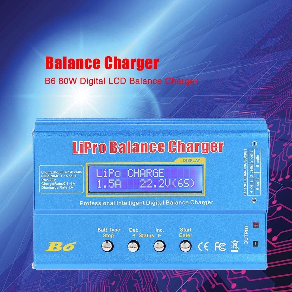 DEWIN Chargeur de Batterie LiPo équilibré, B6 80W Balance LCD Numérique Chargeur Déchargeur for LLiPo RC Batterie (EU Plug)