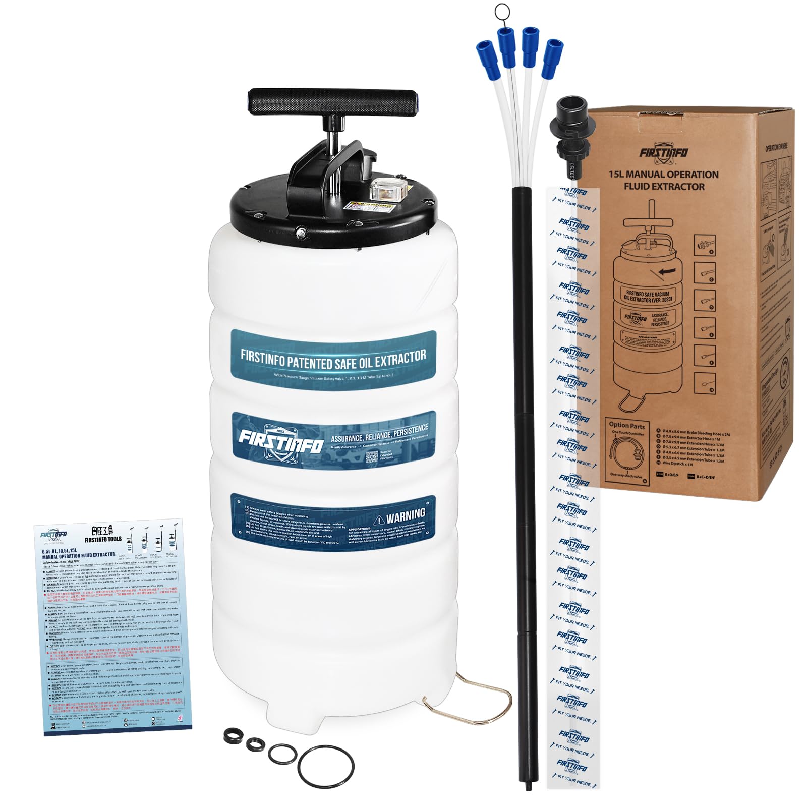 FIRSTINFO A1106H | Extracteur d’Huile 15L Manuel | 3ᵉ génération breveté | Soupape de sécurité | 5 tuyaux Dont Un Ultra-Fin,130 cm | fabriqué à Taïwan