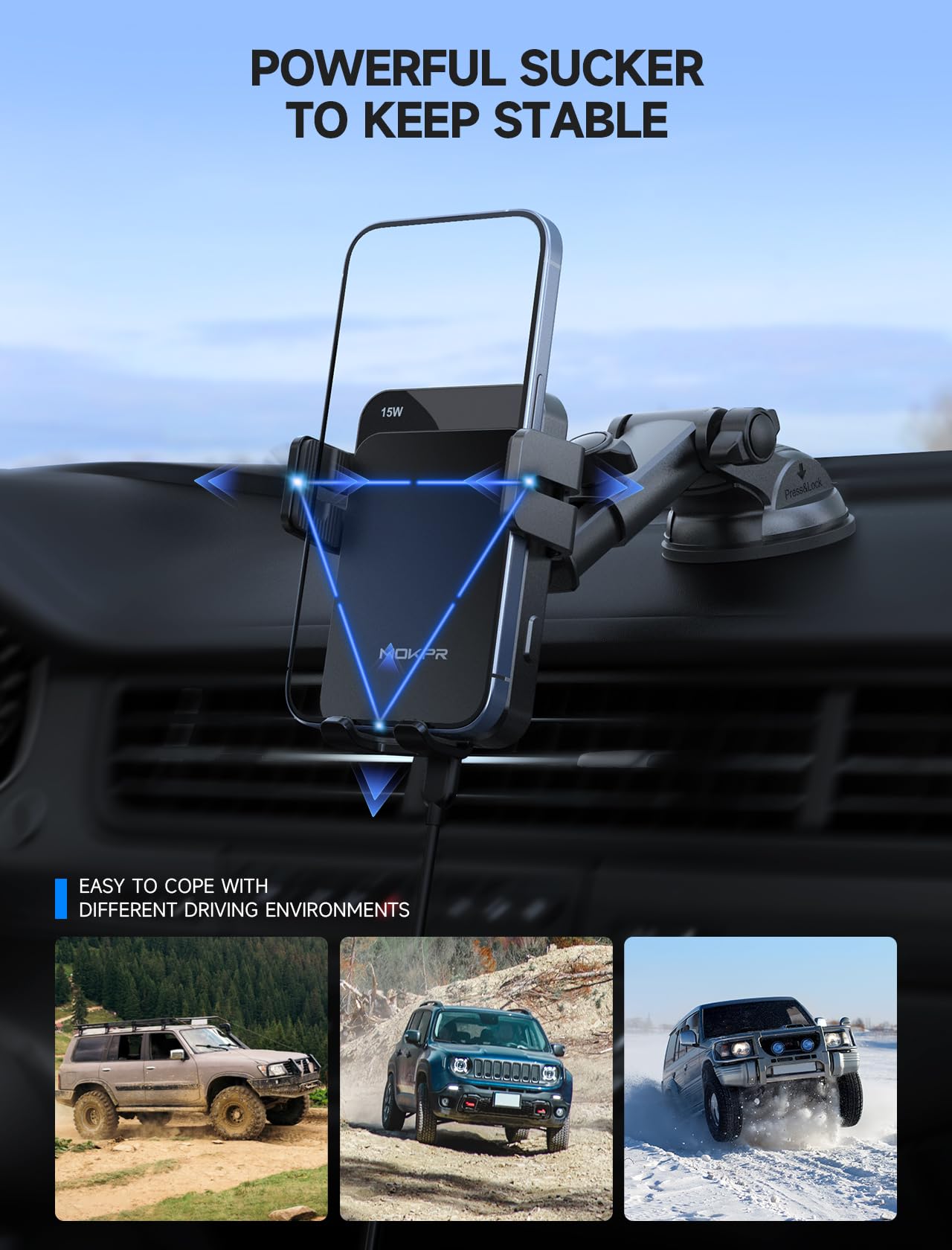 MOKPR Handyhalterung Auto mit Ladefunktion, 15W Handyhalterung Auto Induktives Laden für Entlüftungsclips/Instrumententafel/Windschutzscheibe für iPhone 17/16/15/14/13/12, Galaxy S25/S24/S23(Schwarz)