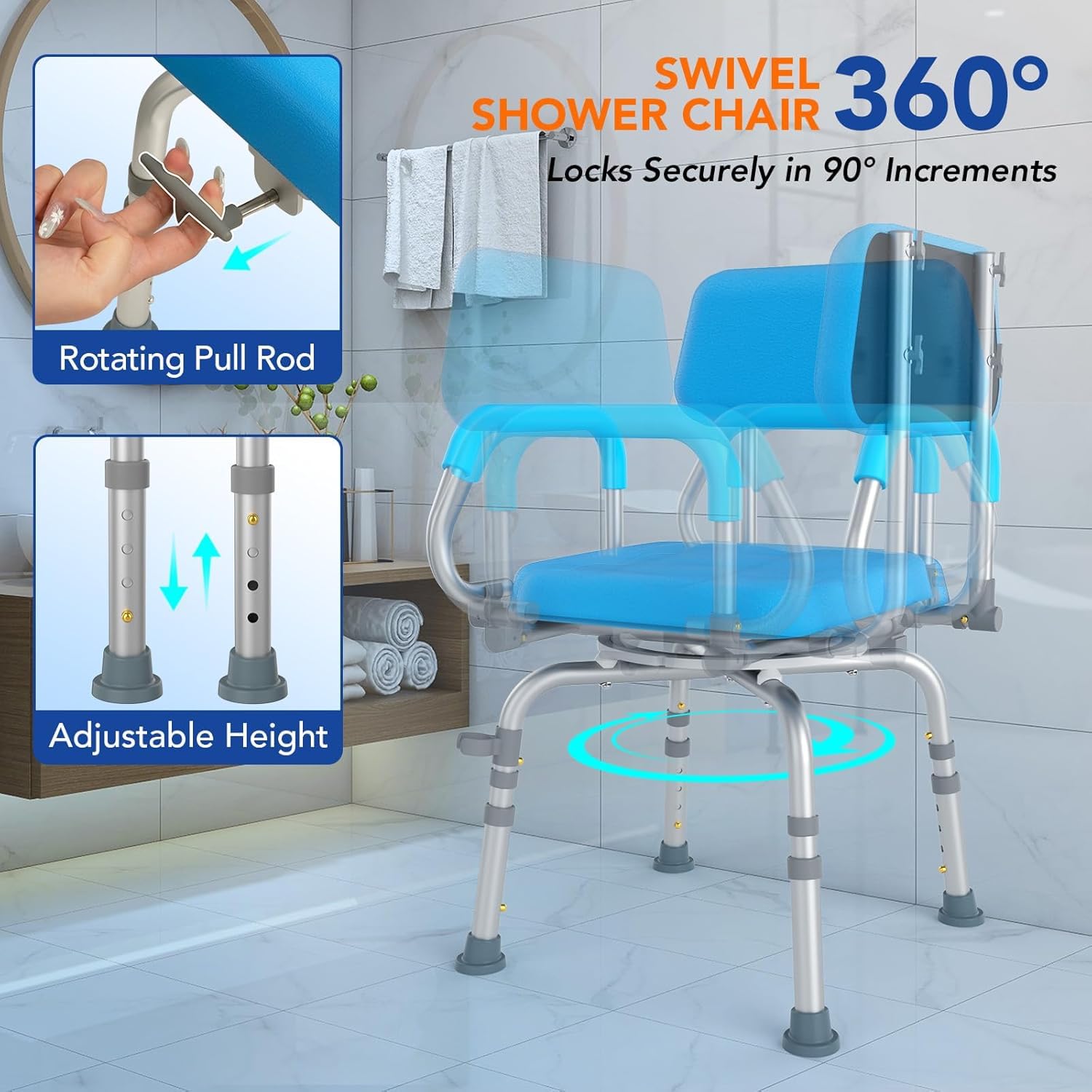 Silla de ducha giratoria de 360° elegible para FSA/HSA para ducha interior, asiento de ducha ajustable con brazo giratorio, asiento de baño para bañera, silla de bañera para discapacitados para