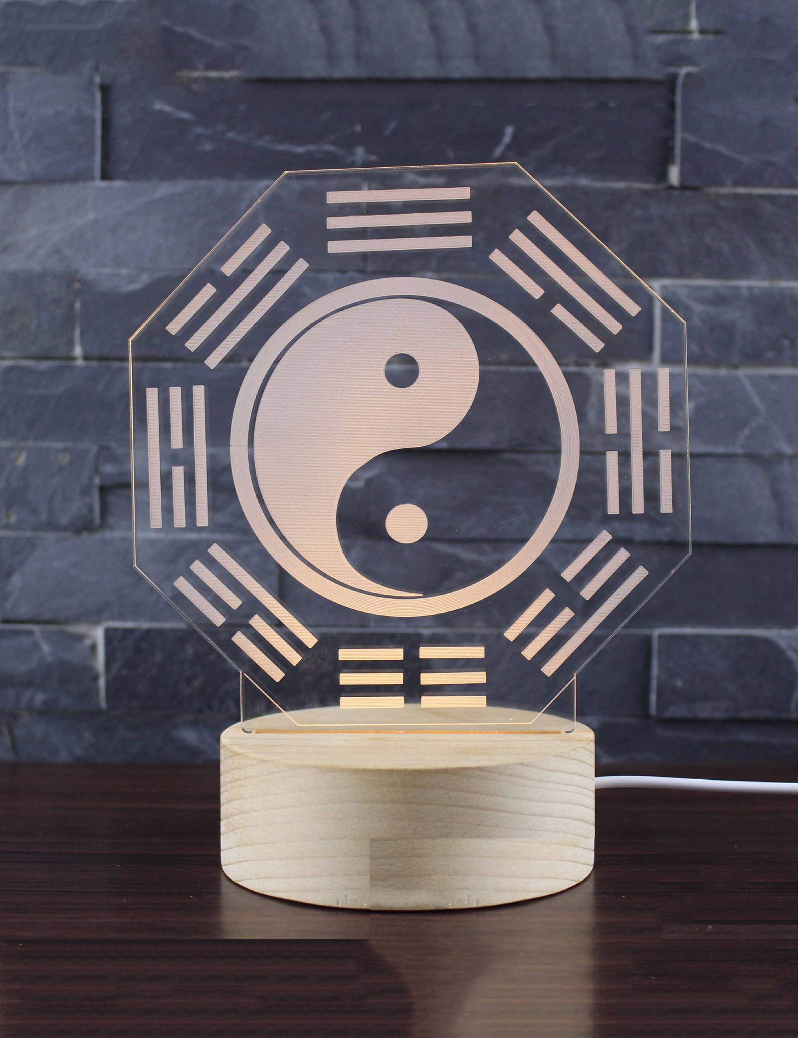 SHDBHD3D LED Bagua map Night Light,Wooden Base 3D Optical Illusion Table Lamp Atmosphere Light, Yellow Nursery Light for Baby, Gifts for Kids Friends Family